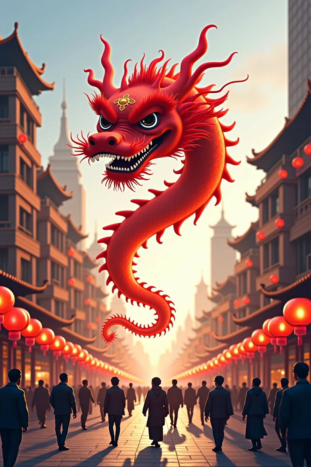 chinese style elements，Strong dragon image,The dragon is praying，Soaring Sky, There are colorful lights everywhere, They were delighted, (High Contrast), (Fantasy World Era), people々is having fun shopping, The atmosphere of the Spring Festival, (Ray Tracing, Global Illumination), (masterpiece:1.4), (Vibrant:1.2), Cinematic, Complex，Rich in details, (Ultra Detailed CG Unity 8k Wallpaper)