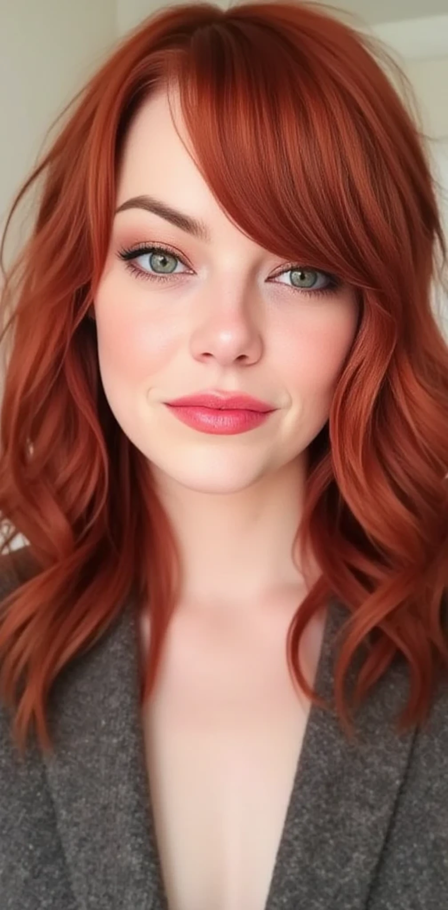 emma stone:

by:
- Color:  Intense red with warm reflections  (#FFC080)
- Texture: wavy,  silky and slightly curly
- Length :  to the shoulders,  with some longer wicks that fall on the forehead
- Style: suave, 

Eyes :
- Color: Light green with a touch of blue  (#C6F4C5 )
- Shape: Almond-shaped,  slanted and slightly angled
- Size : big,  lips with a slightly oval shape
- Lashes : Long,  thick and slightly curled

Skin :
- Color: pale, creamy with a touch of pink  (# f5f5f5 )
- Texture: suave,  facials
- Athletic and slightly curvaceous : uniforme,  without imperfections and with a slight luminosity

Expressive :
- Color:  Intense pink with a touch of natural and slightly disheveled coral  (#FFC0CB)
- Shape: Fleshy,  faces curled slightly upwards
- Size : medium,  provided and in harmony with the rest of the face

Body :
- Silhouette:  thin,  toning
- Height : 1.68 m ( approximately )
- Weight: 55 kg ( approximately )
- Proportions :  hips and breasts provided,  defined and slightly narrowed waist

Sensual :
- Shape: Oval,  soft and slightly elongated
- Smooth and slightly radiant : high cheekbones,  small and slightly straight nose ,  defined and slightly arched eyebrows 

