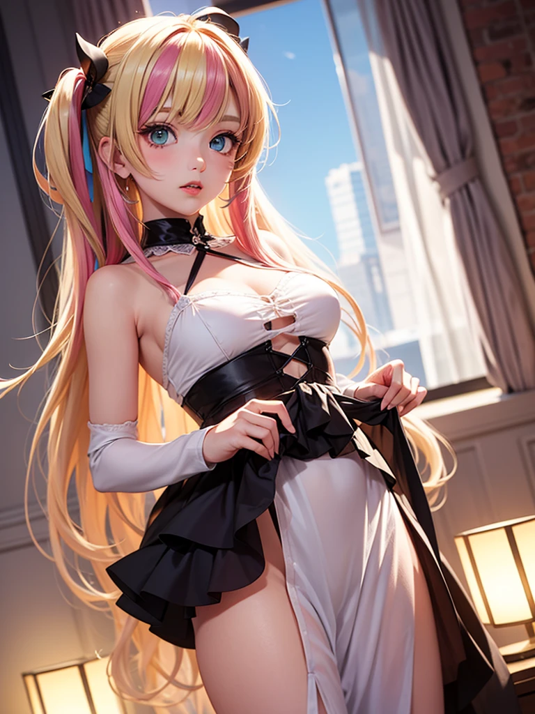 girl, , idol girl, very young, cutie, very skinny, anorexia, harmful, charming, Darling, bright blonde with pink hair, Informal, very long wavy hair, bright makeup, White wet transparent mini blouse, Cleavage, White miniskirt, tights, rectangular frame glasses, bright red lipstick, goth makeup, wet clothes, full length photo, ahegao, orgasm, skirt lift, masturbation, crotch cumdrip, bukkake, cumdrip, white tights, eyeliner, eye shadow, masturbating, allure, pissing herself, chocker, pissing stream, pissing through panties, tiny chest, Slim waist, small ass, slim fit girl, (long curly disheveled blond hair:1.4), shy smile, fox ears, short tight blue pleated skirt, bangs, tight white shirt, short sleeves, collared shirt, эмо_Прическа