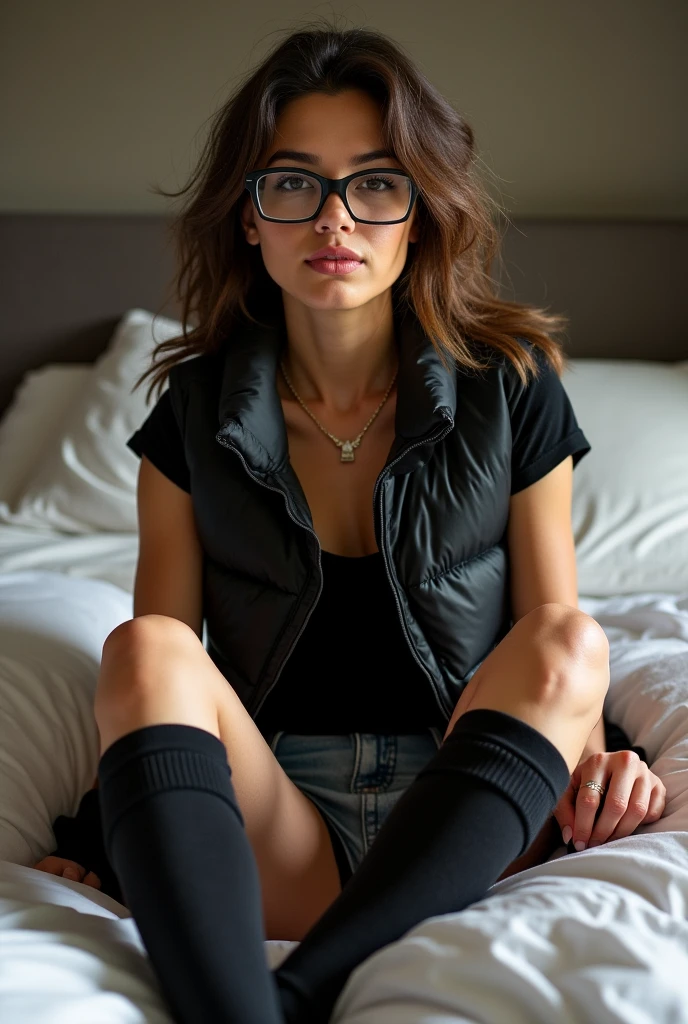 (Cinematic Grade), (Excellent), (Comic Book Style), (In a Dizzy Living Room: 1.5) (A 24-Year-Old Woman Lying on a Large Fabric Sofa: 1.4) (Wearing a White t Shirt: 1.3) tight grey cotton shorts, poking, (Brown Hair Tied Up in a Ponytail) (Wearing a Pair of Glasses) (Cinematic Grade) (Excellent Picture Quality) (In a Normal Living Room, Dim Lighting: 1.6)