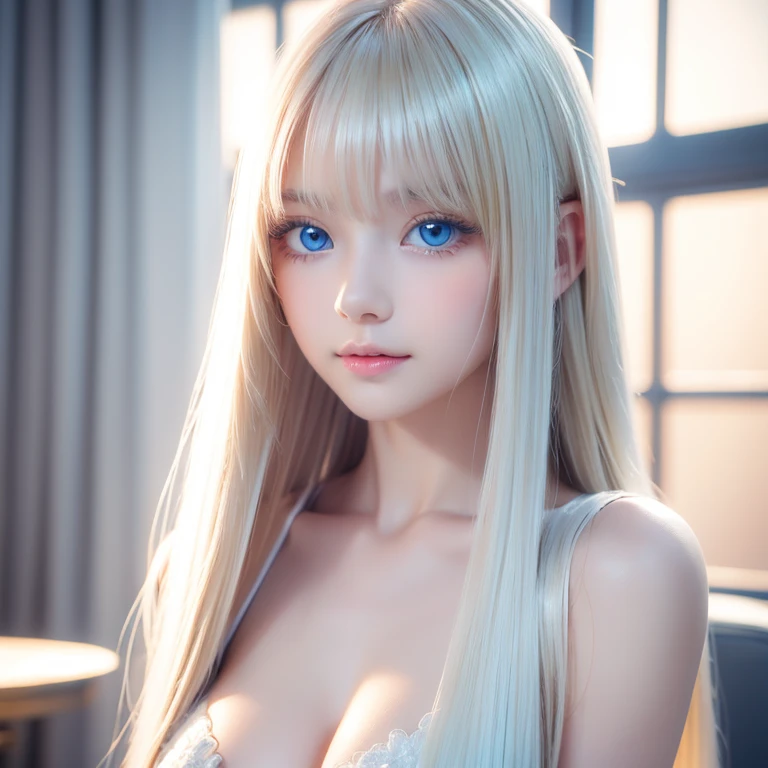 Portrait、、Bright expression、ponytail、Younger, brighter, whiter skin、Best Looks、Blonde reflection、Platinum blonde hair with dazzling highlights、Shiny bright hair,、Super long, silky straight hair、Shiny beautiful bangs、Sparkling, clear, attractive big blue eyes、A very beautiful, lovely and cute 16 year old girl、Ample breasts