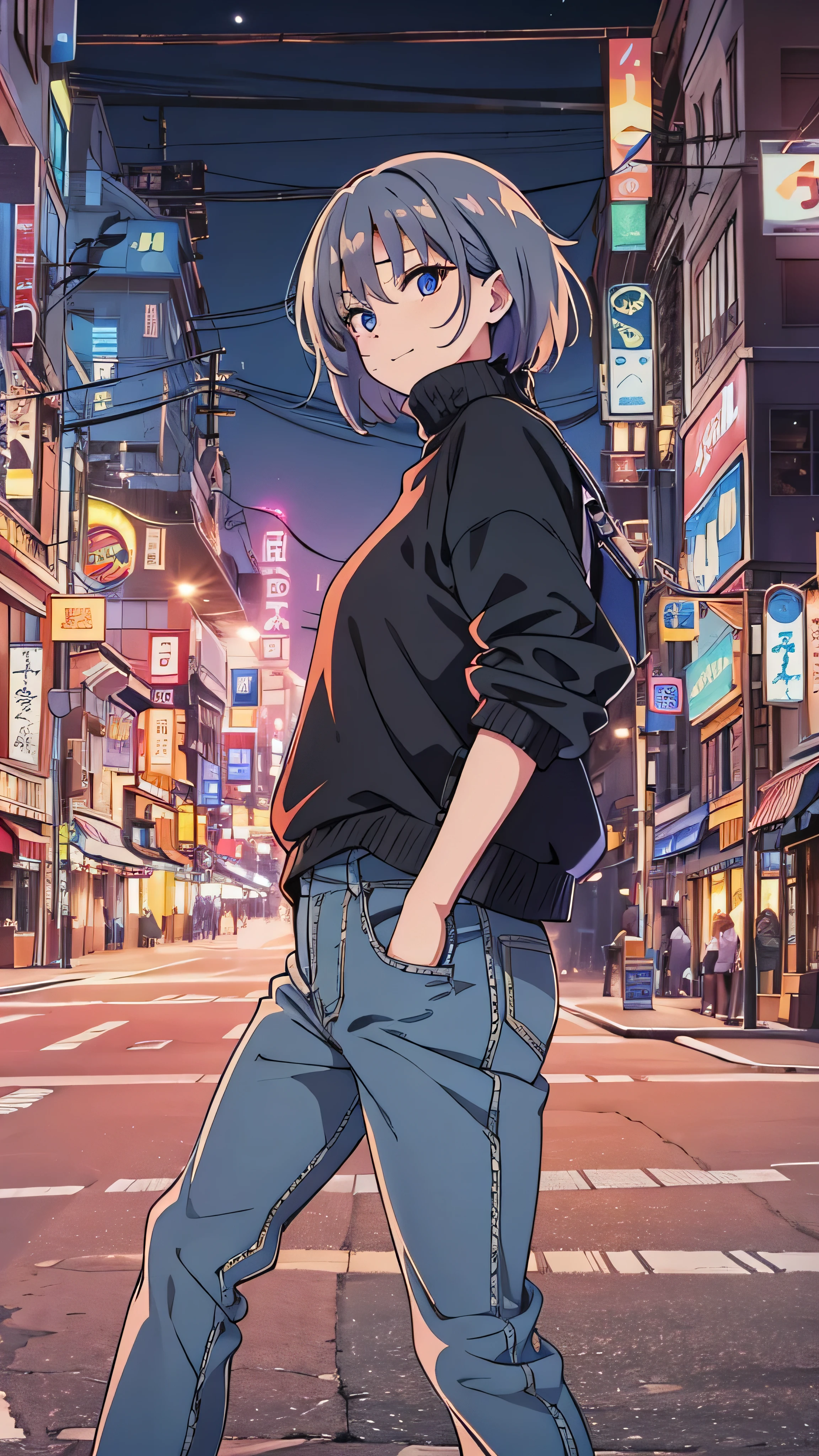 anime screenshot , night city , moon, 1 girl in the best, alone, short hair, black hair, 紫色の目, viewers, hair between your eyes, Front , cowboy shooting, Closed Mouth, smirking , Sweatshirt , Pink sweatwear , denim pants style , between legs, squats, ,