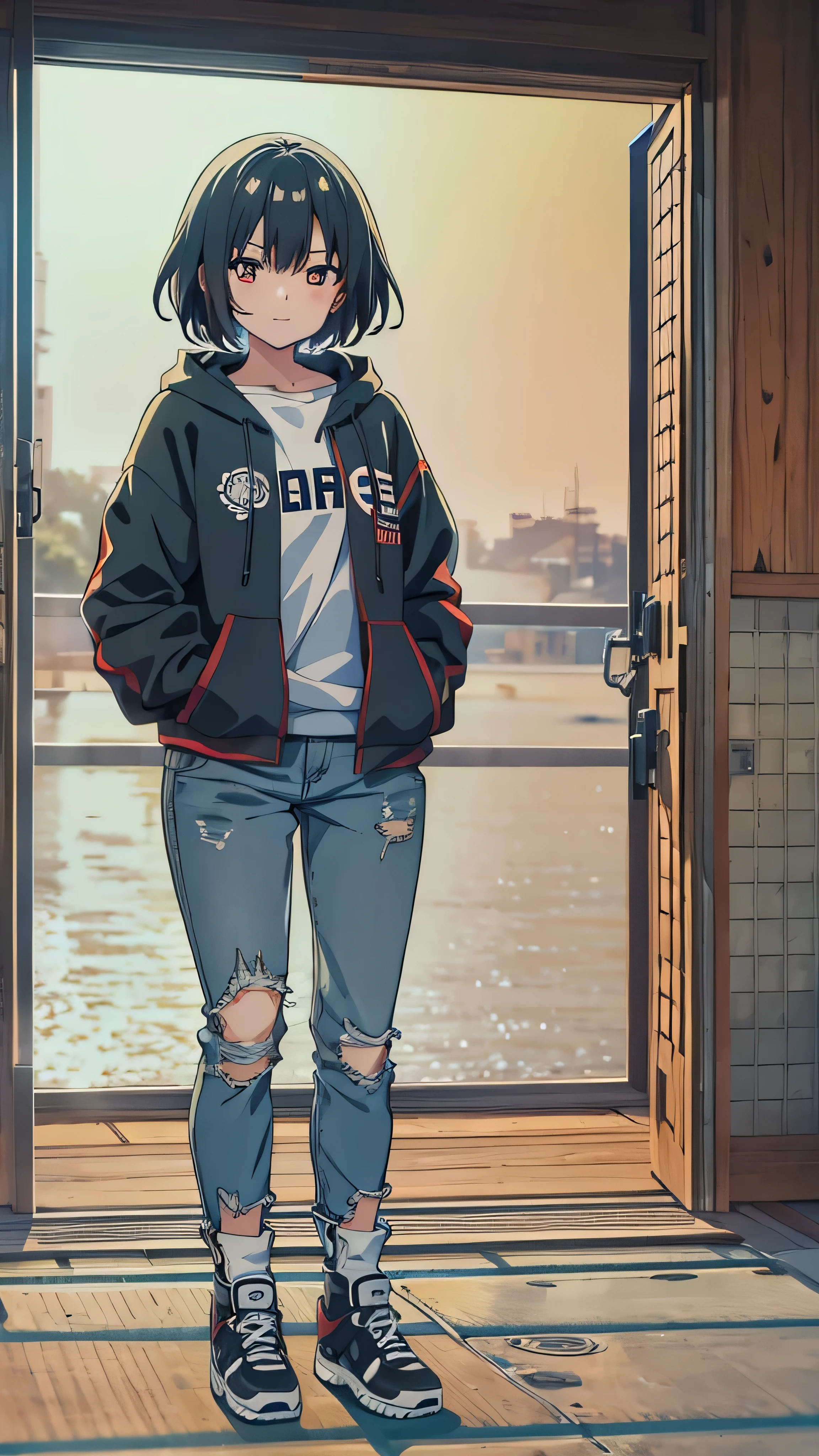 anime screenshot , night city , moon, 1 girl in the best, alone, short hair, black hair, 紫色の目, viewers, hair between your eyes, Front , cowboy shooting, Closed Mouth, smirking , Sweatshirt , Pink sweatwear , denim pants style , between legs, squats, ,
