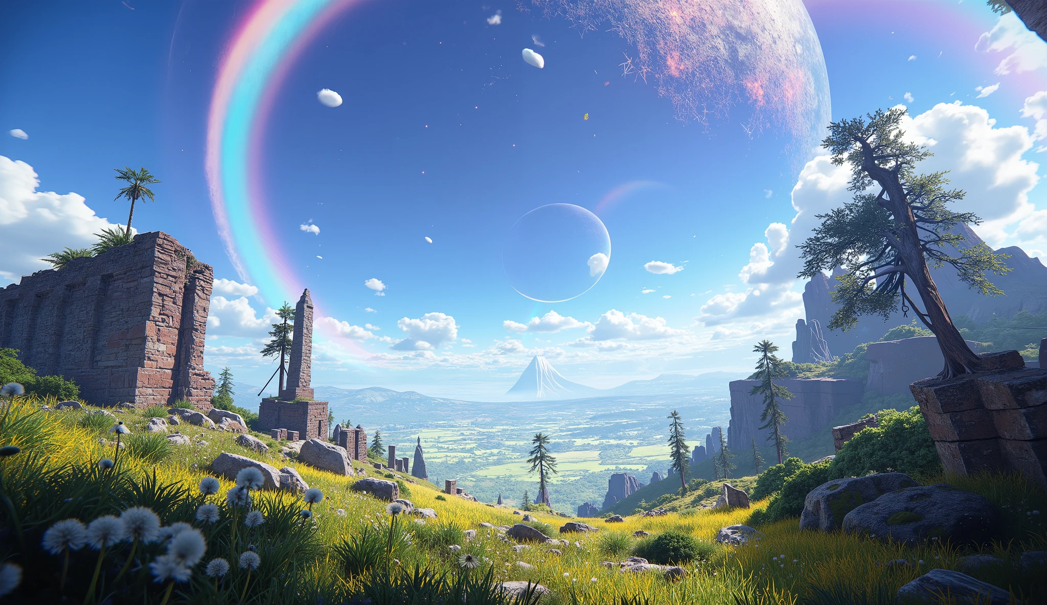 ((Astonishingly absurd )),( masterpiece:1.2),超high resolution, attention to detail , high quality, alta resolución, 最 high quality, 4k, 8K、 very beautiful、landscape、landscape画、Infinite blue sky、A rainbow appears、There is a group of ruins、 Dandelion fluff flies upward,rainbow、 large planet in the sky