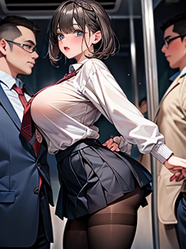 (Masterpiece, top quality, high resolution, realistic photos, realistic looking skin:1.1),
(Woman is being groped by a molester on a crowded train:1.8), 
(Woman leaning against the door of the train: 1.8),
(The male pervert is standing behind the woman and touching her buttocks in that position: 1.8), 
(Other passengers do not notice the molester: 1.8),
(The woman is standing: 1.8),
(The woman has a pleasant expression on her face:1.8), 
(The woman is wearing a long-sleeved knit with a V-neck:1.5),
(woman is wearing a pleated miniskirt:1.5),
(woman is wearing knee-length boots: 1.5),
(woman's panties are white lace with a pattern on them:1.5), 
(The woman has medium brown hair: 1.5),
(The male pervert is wearing a suit: 1.5),
(The man who plays the role of a pervert is actually her boyfriend: 1.5),
(Location is near the door in a crowded train: 1.5),
Full-bodied esbian, beautiful eyes, shining eyes, shining thighs, NSFW