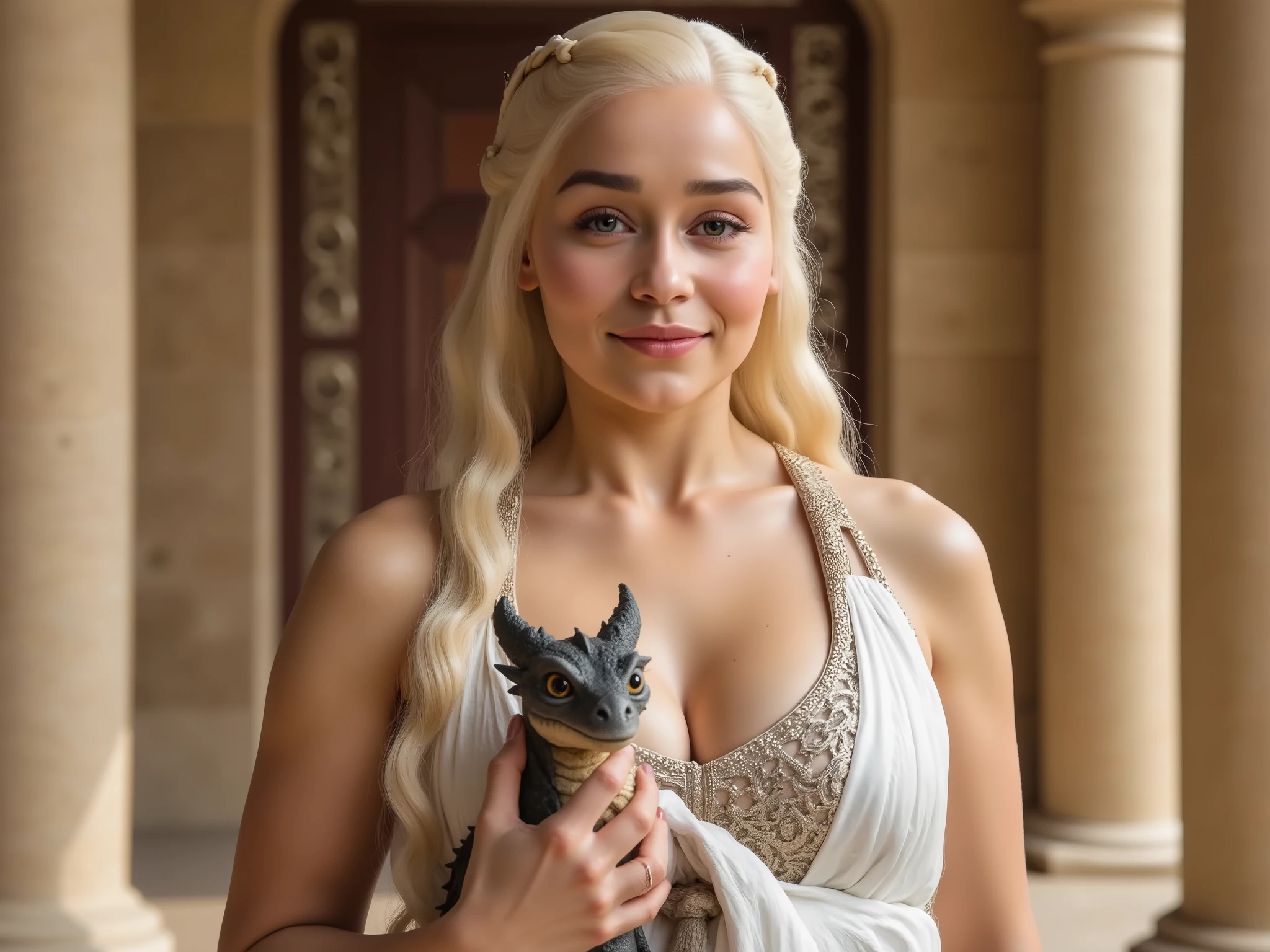 Game of Thrones、 Daenerys Targaryen holds a baby dragon and smile、 hot and gorgeous female、1 female、 silver-gold hair cascades over her shoulders, and she wears a flowing white gown with intricate embroidery, exuding regal poise , big breast、 alluring 、shows her female character's full figure, athletic body, perfect face, full body, extremely beautiful, goddess, female shape, perfect anatomy, She stands in the grand hall of her castle, surrounded by towering sandstone pillars, walls adorned with intricate carvings of dragons, and flickering braziers casting warm light over the polished stone floor; behind her, tall windows frame the golden desert and the bustling city of Meereen. , photorealistic, masterpiece, realistic, high contrast, 8k, HD, high definition detailed, detailed, hyper detailed, realistic skin texture, best quality, ultra high resolution, Nikon D850 film Stock Photography, Kodak Portra 400 F1.6 camera, rich lens colors, hyper realistic, no text, very detailed eyes, huge breasts: 1.3, cinematic
