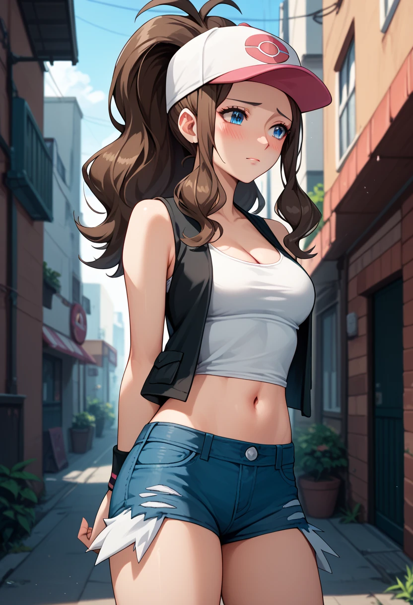 pokemonhilda, <lyco:pokemonhilda-lyco-nochekaiser:1>,
pokemonhilda, blue eyes, brown hair, long hair, ponytail, (small breasts:1.2),
BREAK baseball cap, blue shorts, denim, hat, shorts, vest, wristband, sleeveless, black vest, white shirt, shirt,
BREAK looking at viewer, full body, upper body,
BREAK outdoors, city, sky,
BREAK <lyco:GoodHands-beta2:1>, (masterpiece:1.2), best quality, high resolution, unity 8k wallpaper, (illustration:0.8), (beautiful detailed eyes:1.6), extremely detailed face, perfect lighting, extremely detailed CG, (perfect hands, perfect anatomy),