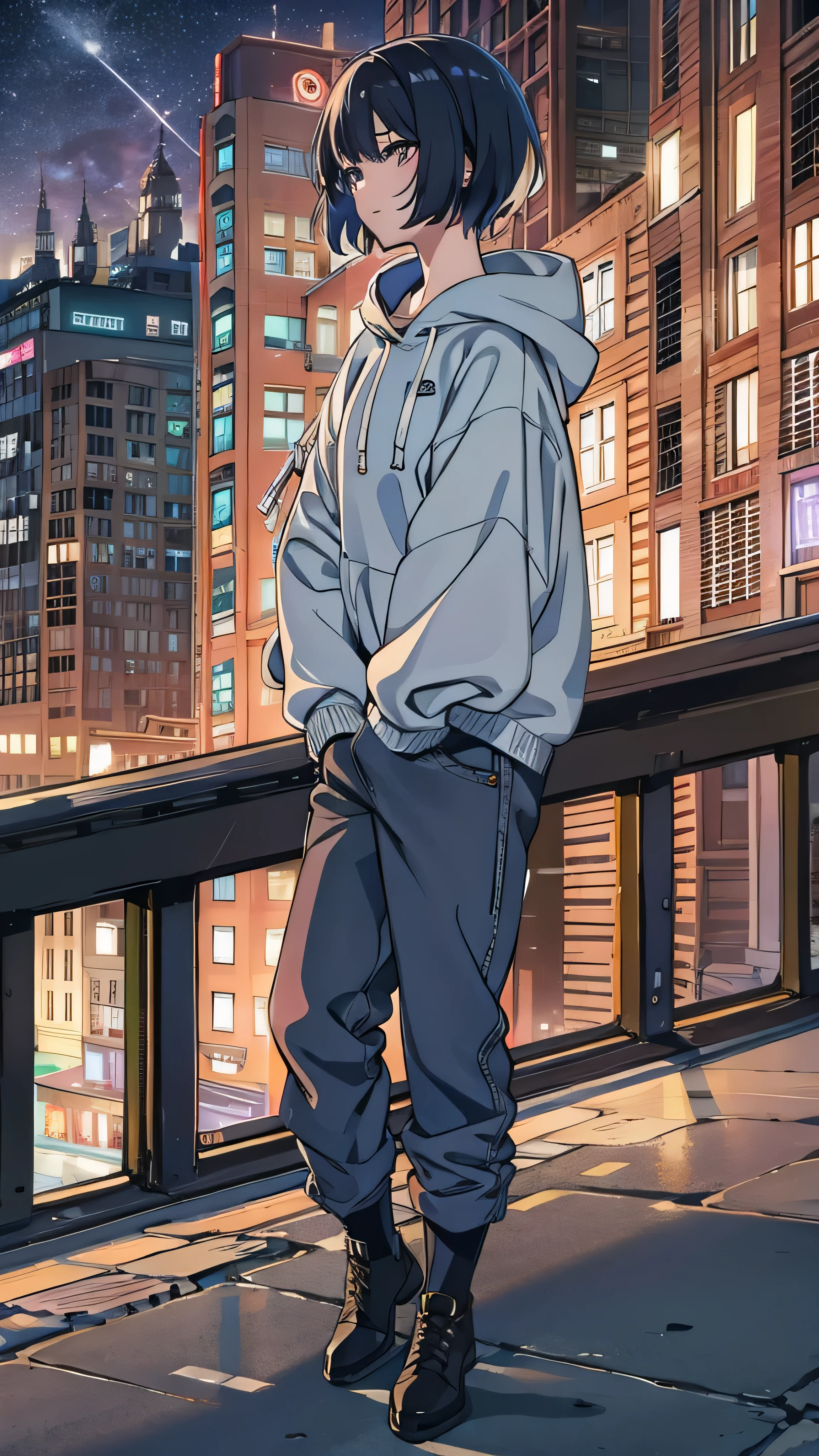 anime screenshot , night city , moon, 1 girl in the best, alone, short hair, black hair, 紫色の目, viewers, hair between your eyes, Front , cowboy shooting, Closed Mouth, smirking , Sweatshirt , Pink sweatwear , denim pants style , between legs, squats, ,