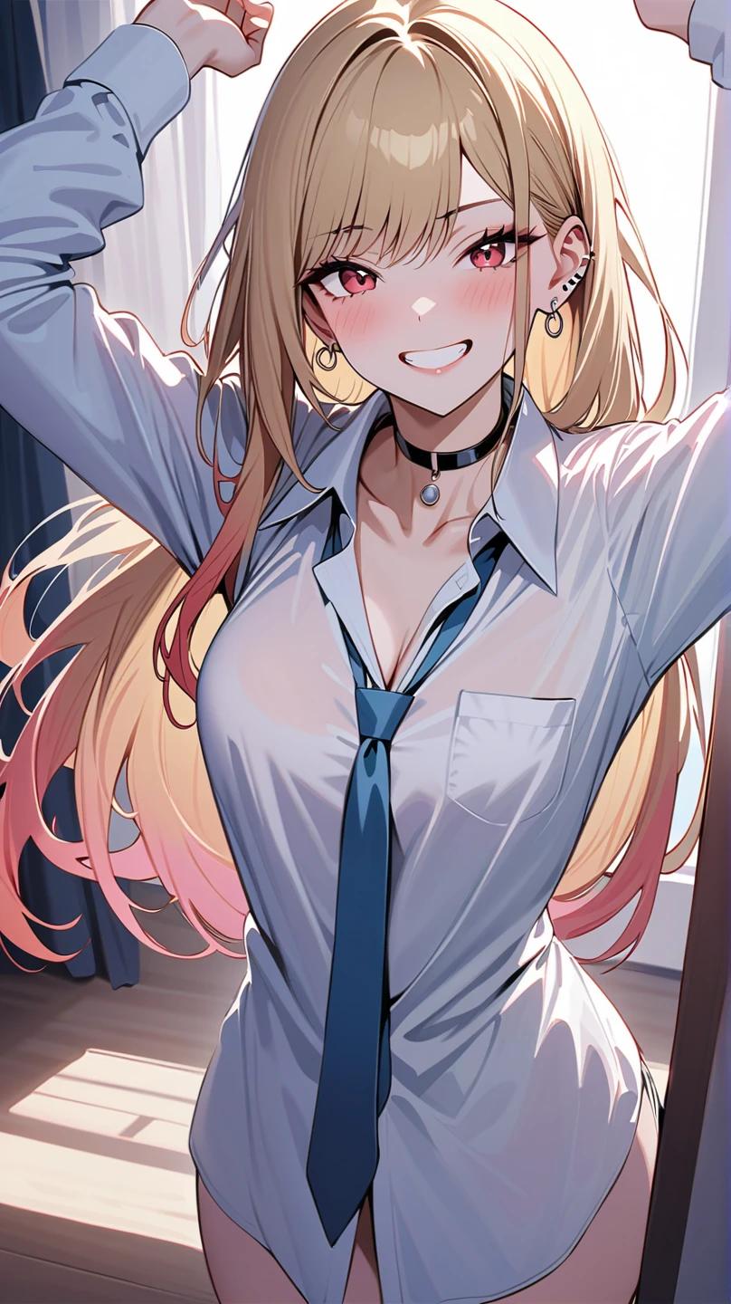 detailed illustration, dynamic angle, ultra-detailed, illustration, 1girl, 18 year old, school girl, wavy long blonde hair, long hair, bright robotic blue eyes, hearts, white shirt, black mini skirt, cleavage, flush, blush, arousal, wide eyes, happy, smiling, seductive, touching chest, open mouth, happy, eager, delighted, flushed, glowing hair, glowing eyes, glowing body, front door, outside, open door