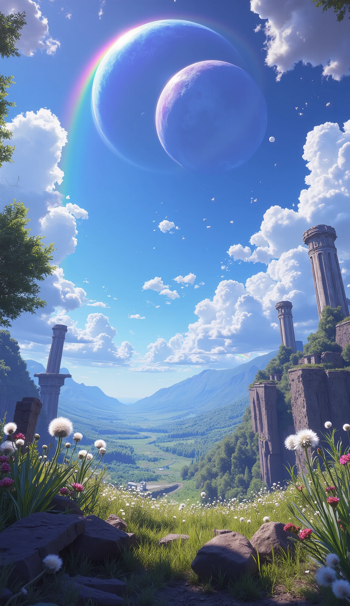 ((Astonishingly absurd )),( masterpiece:1.2),超high resolution,  attention to detail ,  high quality, alta resolución, 最 high quality, 4k, 8K、  very beautiful、landscape、landscape画、Infinite blue sky、A rainbow appears、There is a group of ruins、 Dandelion fluff flies upward,rainbow、  large planet in the sky 
