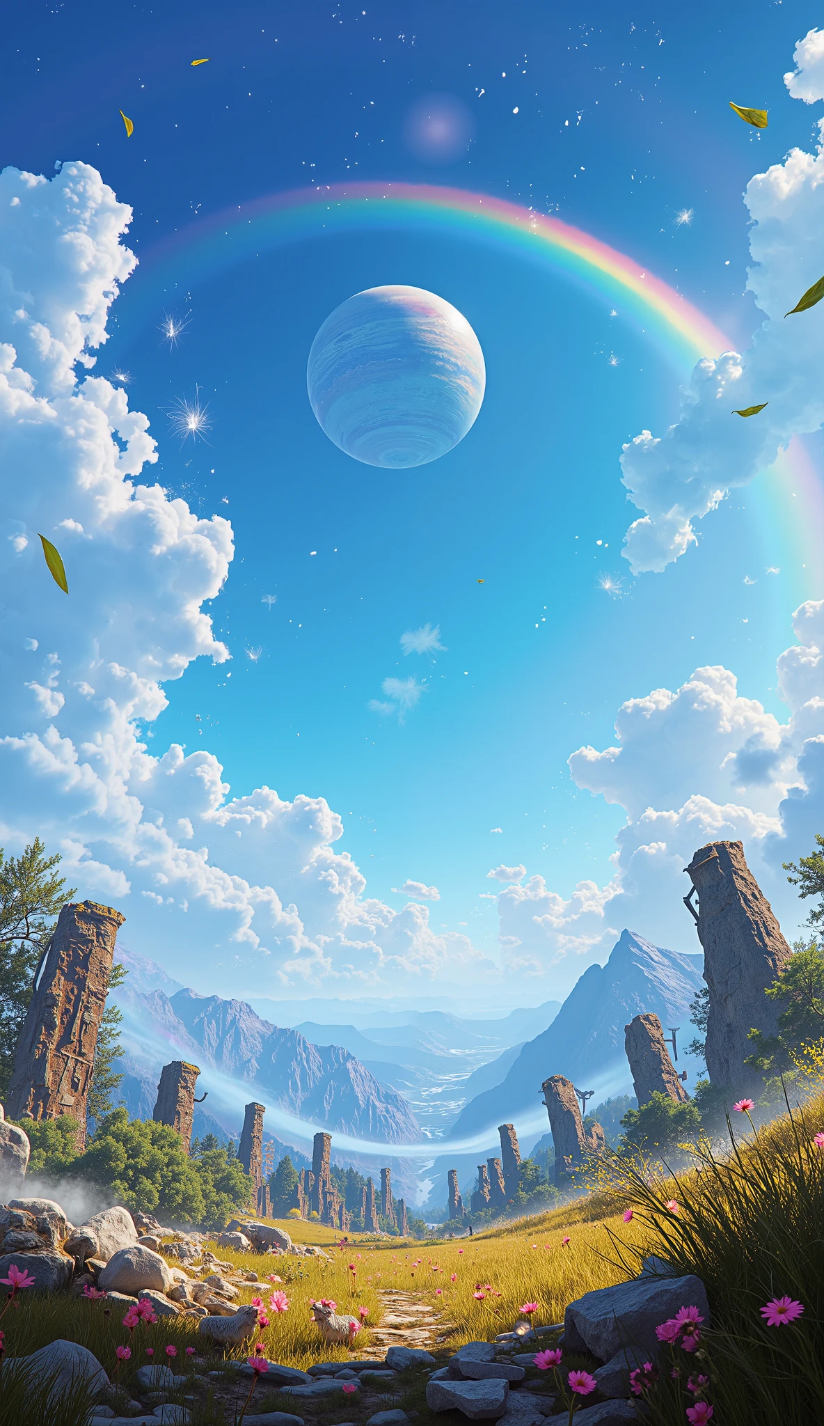 ((Astonishingly absurd )),( masterpiece:1.2),超high resolution, attention to detail , high quality, alta resolución, 最 high quality, 4k, 8K、 very beautiful、landscape、landscape画、Infinite blue sky、A rainbow appears、There is a group of ruins、 Dandelion fluff flies upward,rainbow、 large planet in the sky