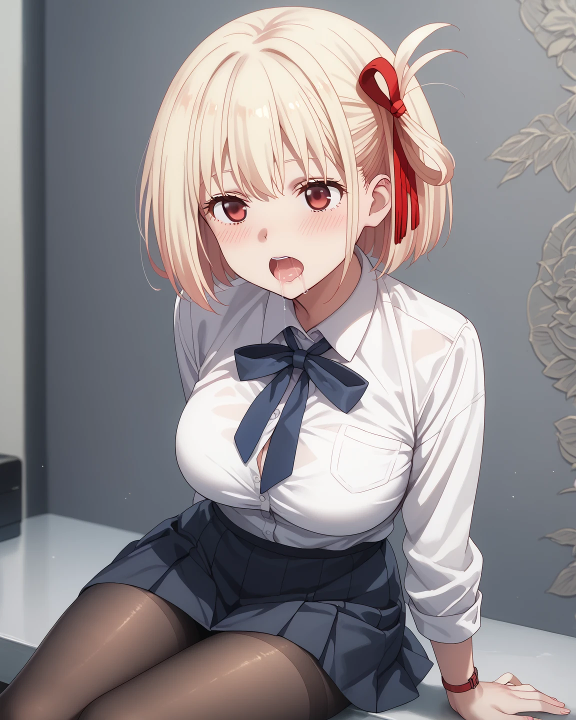 masterpiece, high quality, best quality, one girl,platinum blonde,medium hair,red eyes
, Middle chest, Black tied shirt, Plaid miniskirt, Black lace, Sweatshirt, Stockings, Skull hair clip, Makeup, Blush, Goth, Moan