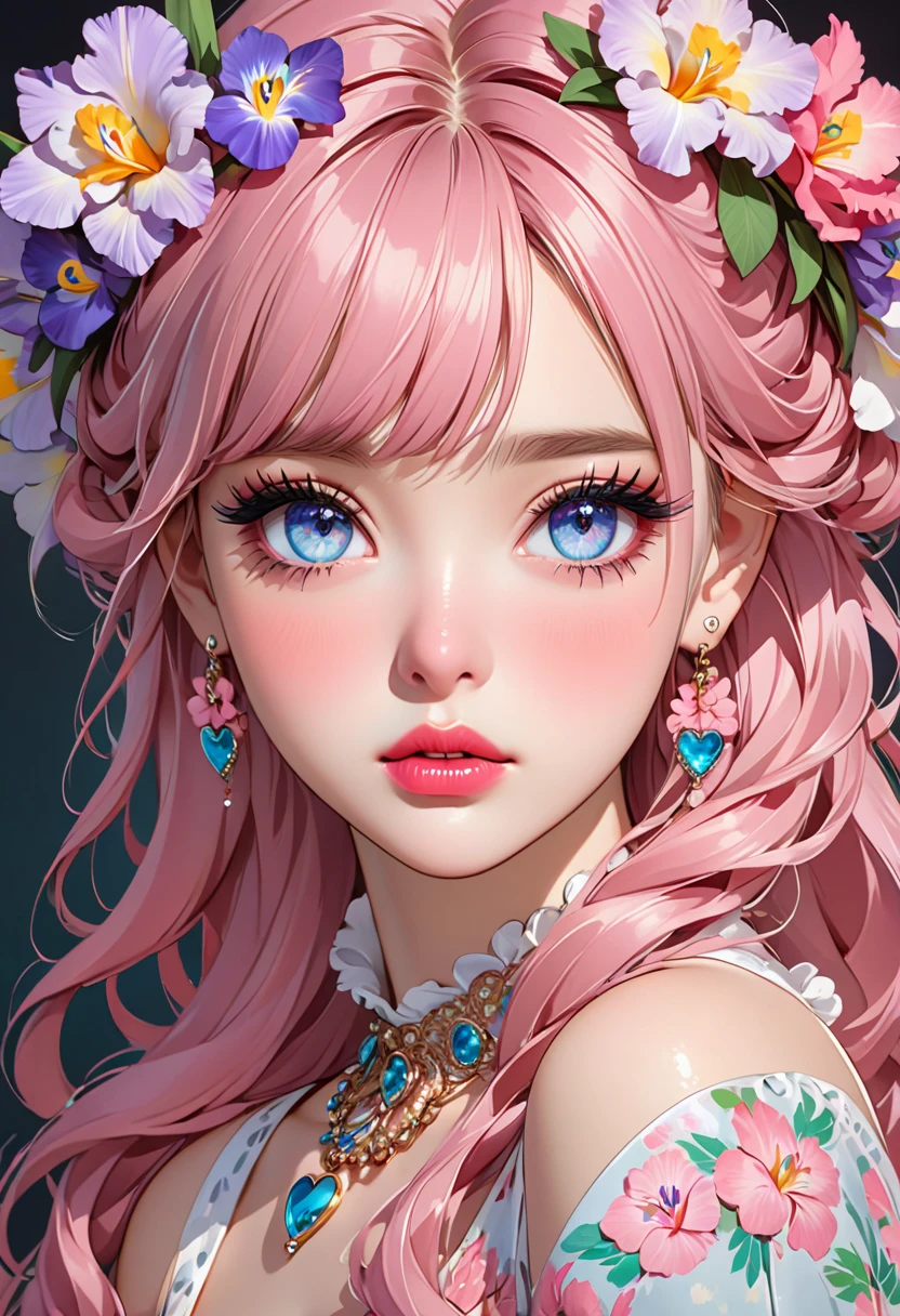 an anime female dressed like a princess with roses all around her on a bright pink background, 1girl, solo, breasts, jewelry, earrings, flower, cleavage, blue eyes, long hair, looking at viewer, parted lips, collarbone, bare shoulders, petals, pink hair