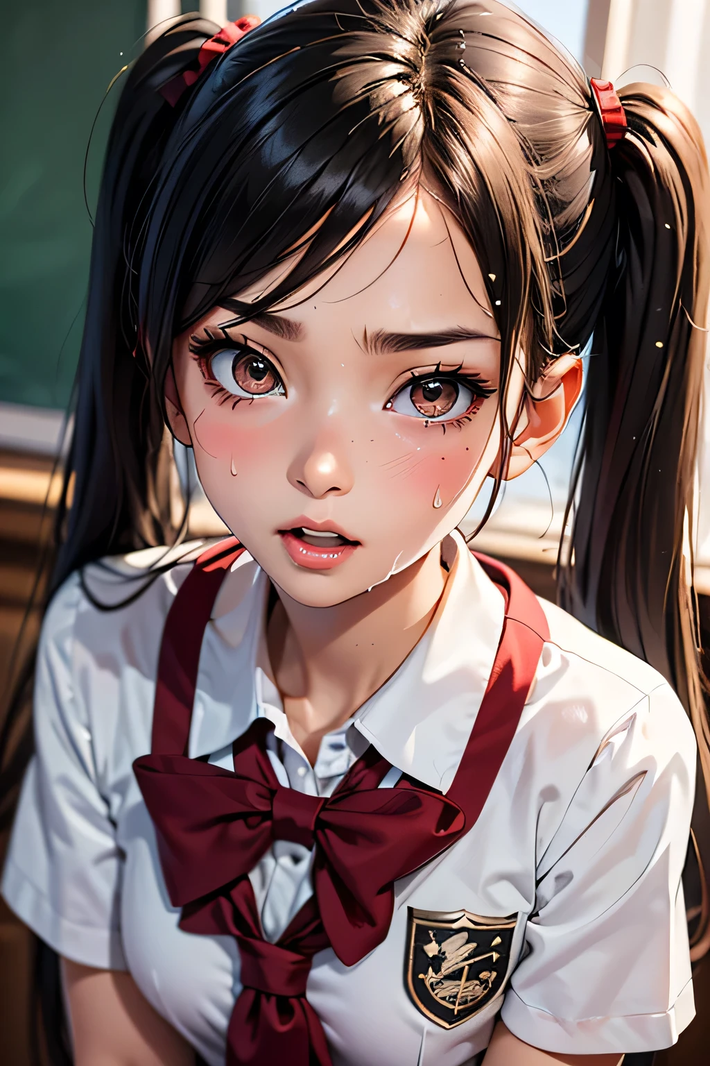 black hair, Kindergarten uniform, Be red in the face, On your stomach, Covered in sweat, jerking off, Rise ass, There are tears, Pure, 8k, super detail --auto