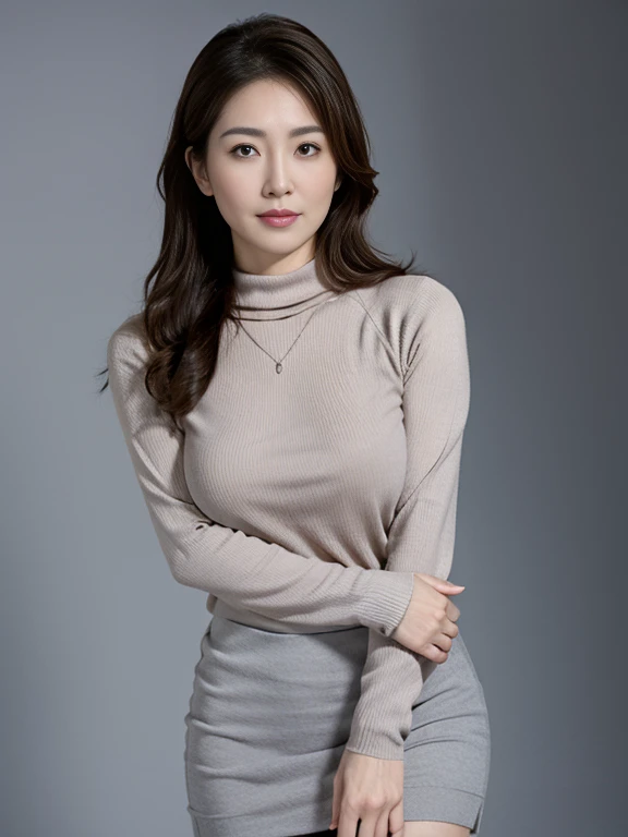 (Asian Tan skin), (Maroon sweater), (elegan make up), (Eye contact), (full body shot), (small breast), (Beige sketer Skirt), (Centered composition), (static pose), (pale solid colour background) , (hight quality).Upright pose, face forward, Right hand on the waist, and left hand below.
