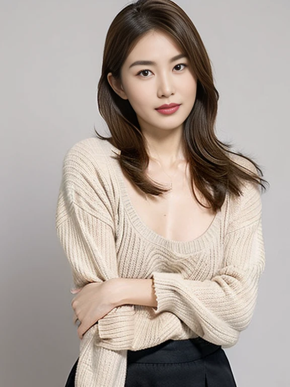 The woman is about 28 years old. Her hair is medium length and straight. Her hair color is light brown. Her expression is smiling. She has big breasts.
She wears an off-the-shoulder top, Mini Skirt Bottoms, And put boots on her feet.