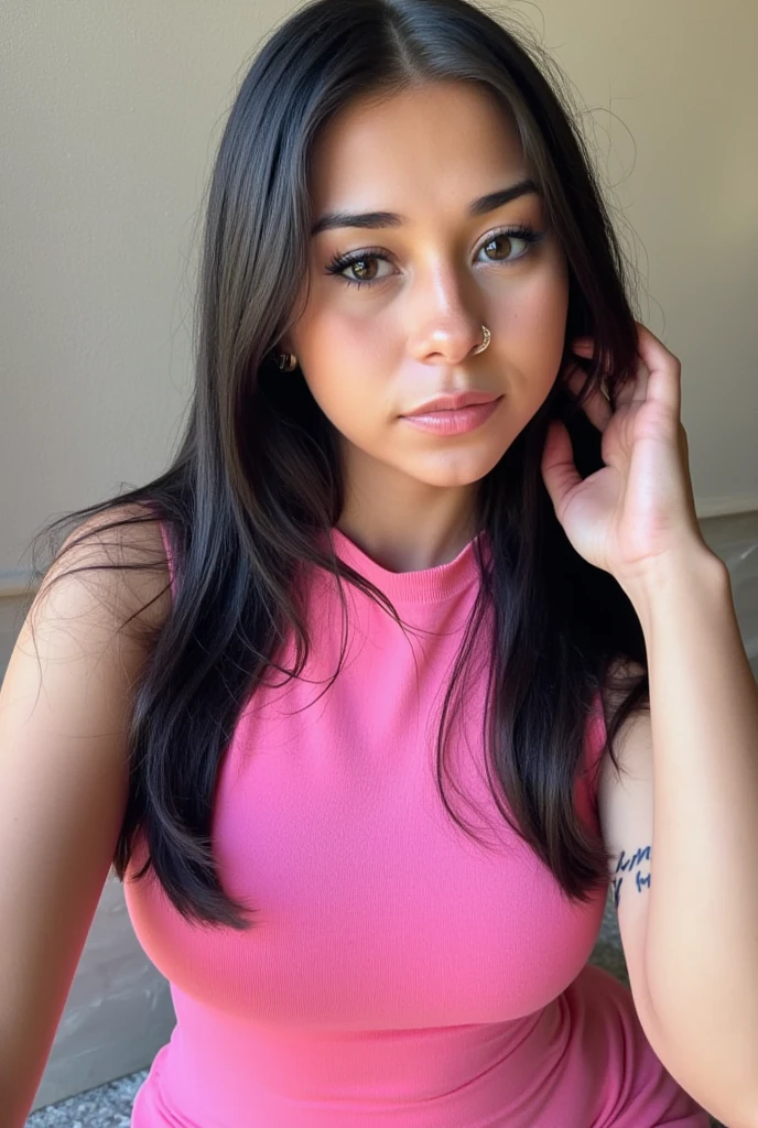 ,, Selfie girl emo cute pink mini dress black hair blue eyes light sking