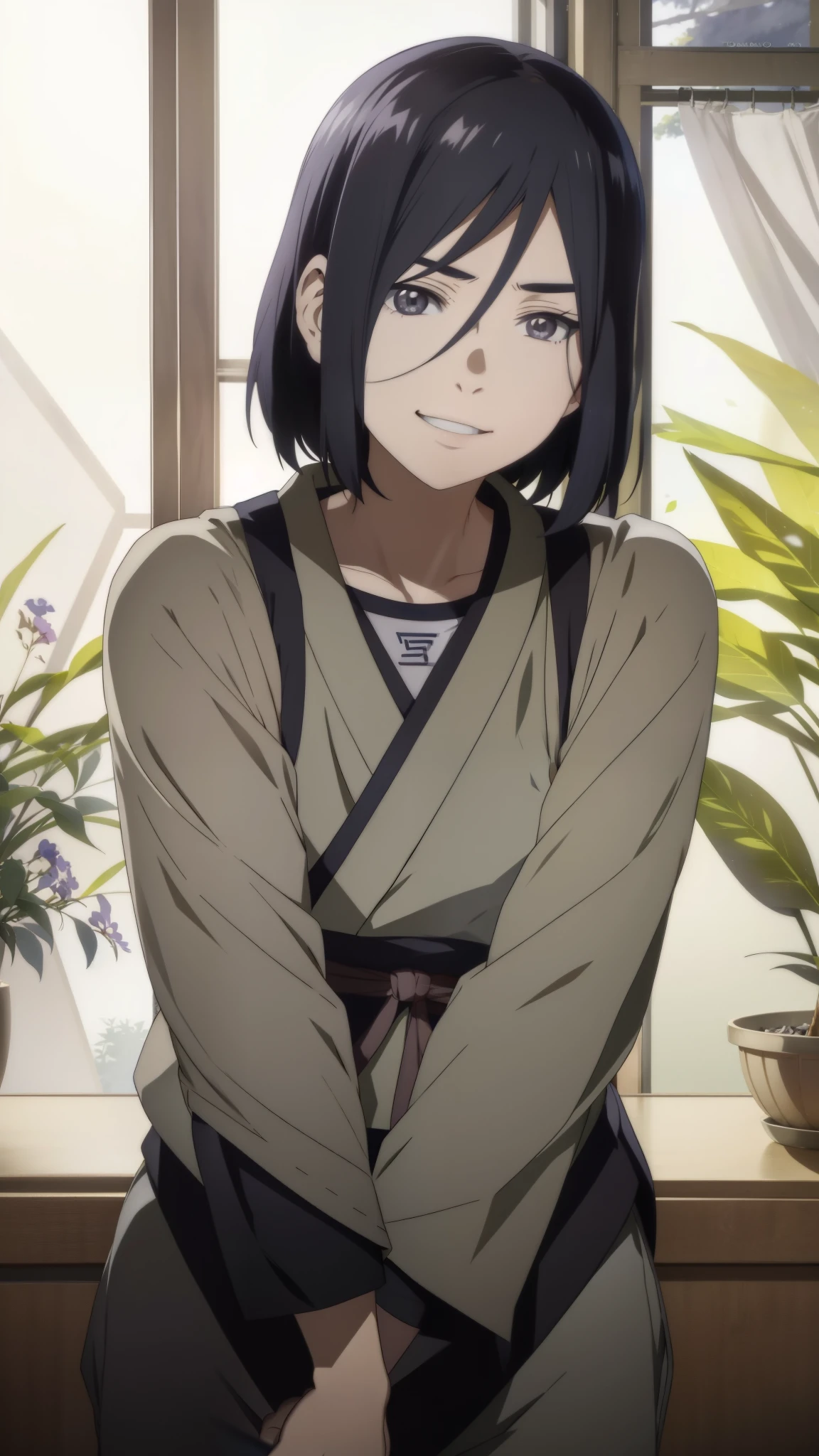 an hiperealistic shot of hinata(shippuden), (izumi nase) Detailed eyes, upper body, naruto, konohagakure, cute smile, soft smile, kind expression, tatami, hyuuga clan, fighting