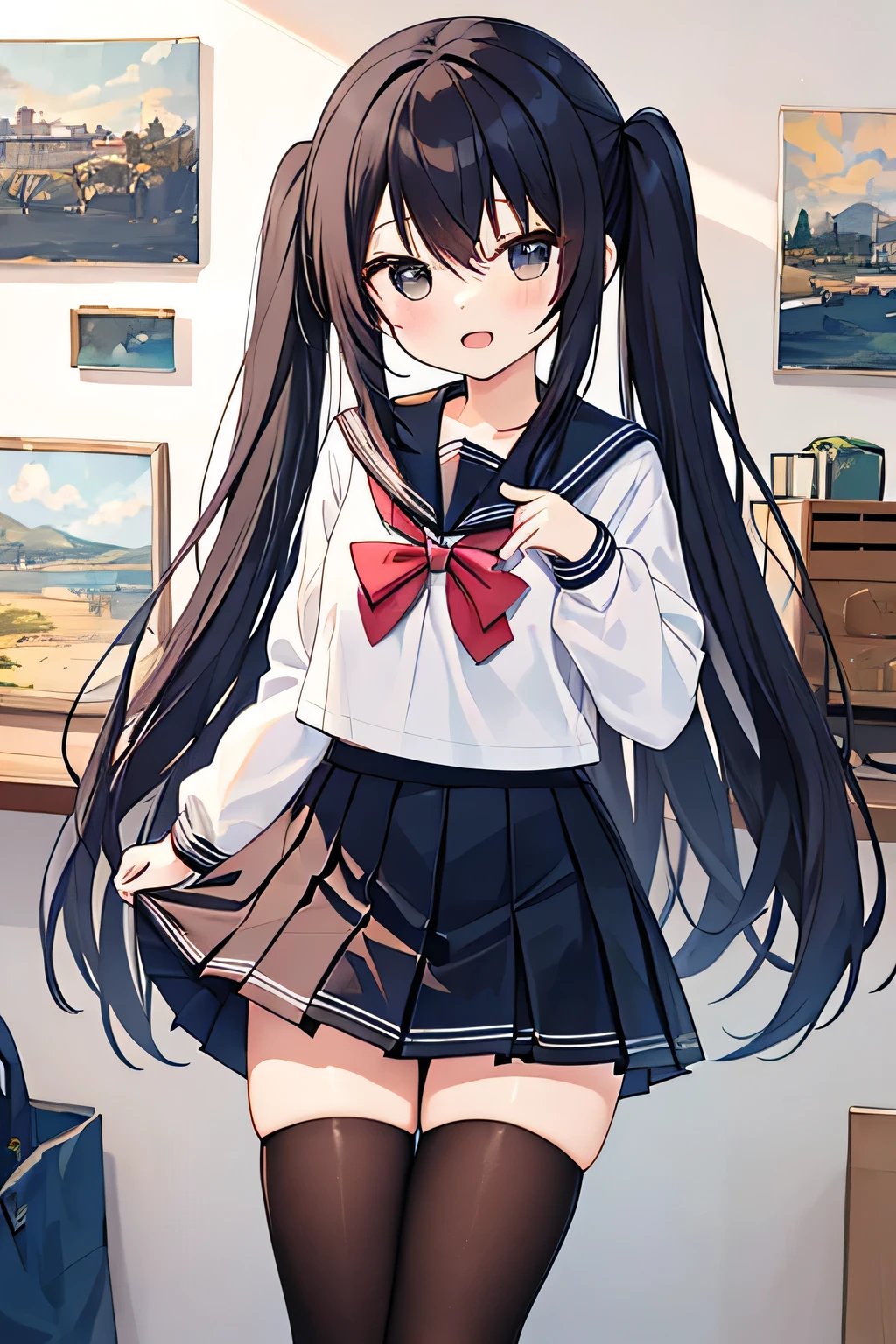 ( Great painting , best quality ), nice girl, (kawaii:1.1), , school uniform, white thigh high, twintails, a man in a cowboy dress shot