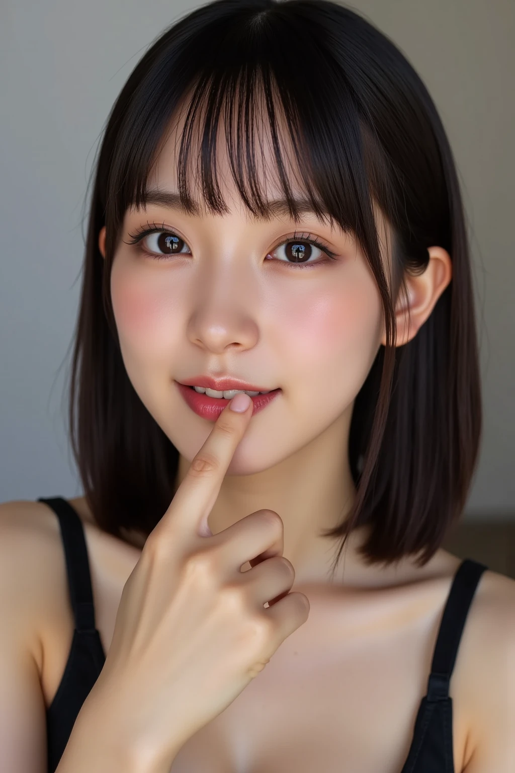 (highest quality、Tabletop、8k、Best image quality、Award-winning works)、1. pretty girl、(A fluffy and elegant white V-neck cardigan:1.1)、(An elegant cardigan with a very smooth and high-quality texture..:1.1)、Perfect girl portrait photo、Glowing Skin、Brown Hair、(Cleavage:1.1)、Standing Elegantly、(Face close-up:1.2)、(Open your mouth and stick out your tongue:1.2)、(Perfect beautiful tongue:1.2)、Cute Smile、(The simplest beige background:1.1)