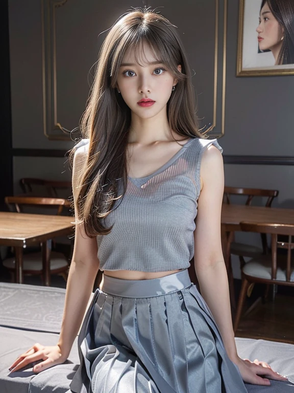((((highest quality))))、(((Ultra-precision CG16K wallpaper)))、(((masterpiece)))、(((Super detailed)))、(((super extreme details)))、１people&#39;s women、mature woman、24 year old woman、((Japanese face))、((very beautiful face))、((Maomi Yuki:1.5))、((straight semi-long hair、blunt bangs))、(shiny brown hair)、beautiful delicate eyes、brown eyes、raised eyebrows、high nose、small nostrils、small mouth、seductive lips、beautiful breasts、((C cup size breasts))、cleavage、plump body、(Chubby body type)、perfect proportions、perfect anatomy、perfect composition、beautiful detailed shading、beautiful natural lighting、beautiful detail glow、Depth of the bounds written、(((High chroma)))、(((real:1.9)))、((vivid:1.5))、((edge:1.6))、((beautiful skin))、((skin texture))、((realな皮膚感))、(((cowboy shot、Thigh:1.5)))、((Angle seen from the front:1.5))、((shy smile:1.5))、(Eyes looking at me:1.5)、Bright daylight、Natural light、(((Hotel Entrance:1.3)))、(standing pose:1.5)、(((Light blue color ribbed tank top clothing、White pleated miniskirt clothing:1.6)))、((earrings、wearing necklace:1.3))、