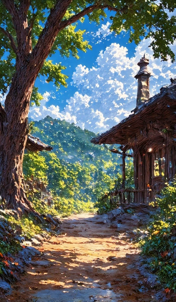 "A nighttime landscape with a large solitary oak tree on a hill, illuminated by the golden glow of a giant full moon in the starry sky. The grass around is green and covered with small yellow flowers, reflecting a soft shimmer. Mountains and valleys can be seen in the background, with small villages glowing in the distance. Soft, glowing clouds add a magical touch to the sky. The art style is detailed and vibrant, with warm and cool tones contrasting harmoniously."

, adventure, vibrant color grading, rear projection, extreme close-up