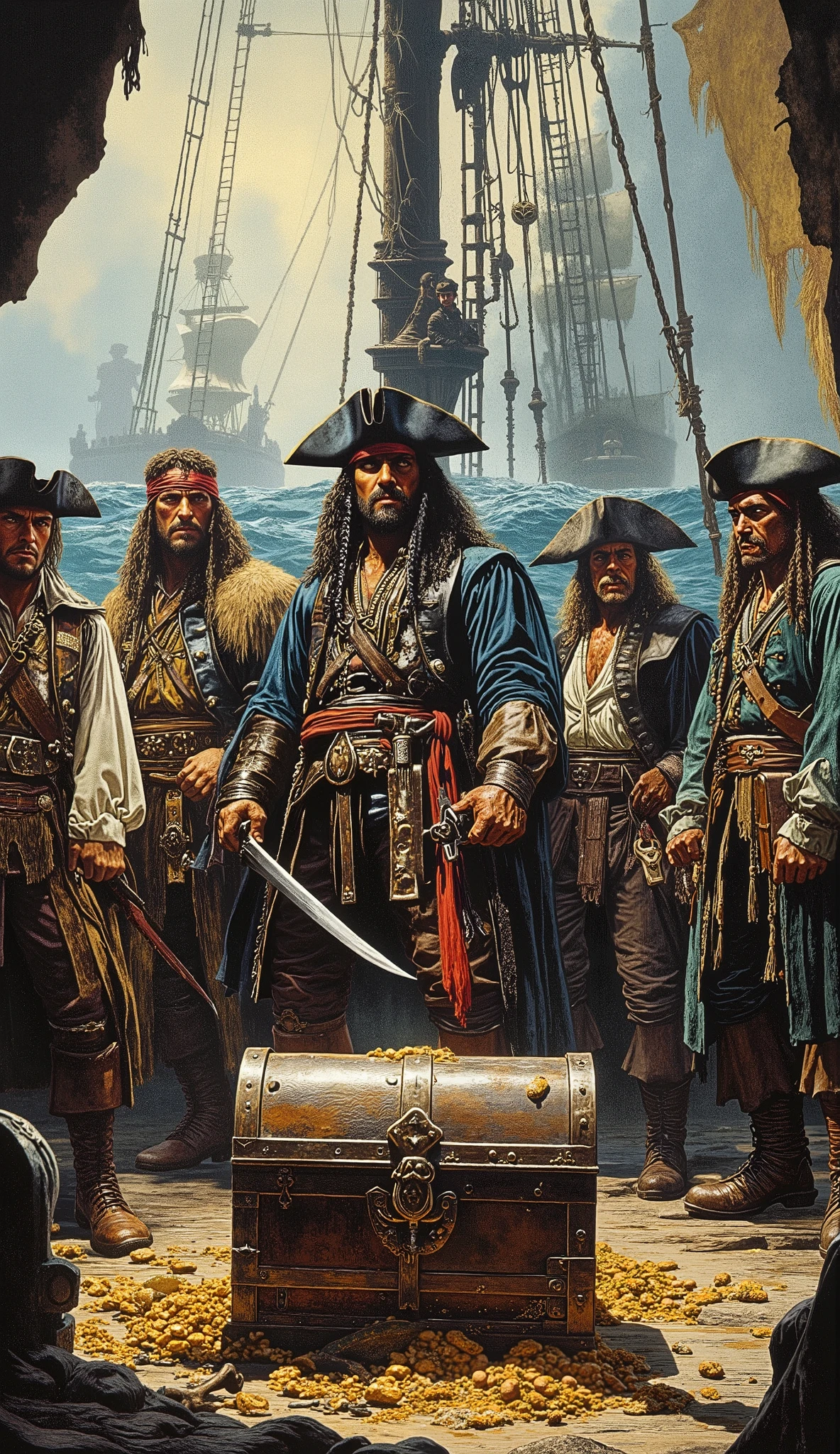 a gang of five pirates with different appearances, clothes and weapons each on their ship, in front of them is a large chest with valuable items