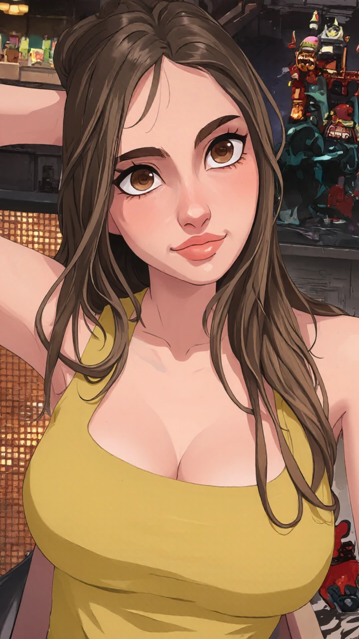 a beautiful woman artwork ultra detailed artwork, woman 32 years old beautiful face whim,very well lit perfect skin beautiful mouth lipstick with an expanding face,SURPRISE,pleasure,ultra detailed dark brown hair.Natural brightness,very hot perfect body ,very hot huge breasts big breasts ,huge breasts drawing curves( volu )regata branca volu dos mamilo,holding a can with his hand