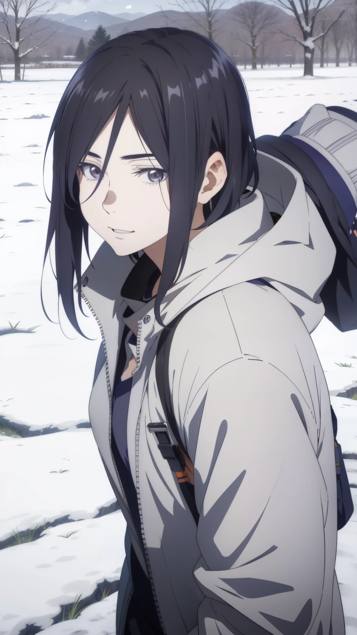 an hiperealistic shot of hinata(shippuden), ((izumi nase)), Detailed eyes, (sweet woman), manwha style, in a snowy field, happy, smilling, upbody, (best quality,Super precise depiction)
