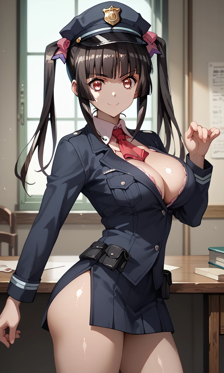 masterpiece, mischievous smile, light blush, looking at viewer, huge breasts, sexy pose, female rean schwarzer, long hair, white coat, black shirt, black gloves, thigh strap, red belt, black microskirt, (open shirt: 1.2), (nipples: 1.2), detailed white classroom in the background