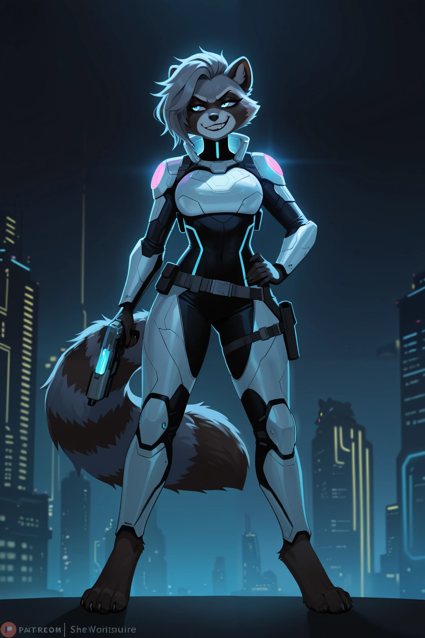 Create an image of a female raccoon character named Nixie Raccoon. She has a mischievous, adventurous personality, with sharp eyes and a smirk that suggests she's always up to something. Her fur is a mix of dark grey and black with lighter accents on her face, tail, and paws, similar to a typical raccoon. Nixie wears a futuristic, high-tech outfit with cyberpunk elements: sleek armor plates, glowing lights, and utility belts full of gadgets. She carries a small, sci-fi weapon like a plasma pistol, and her fur has a bit of an edgy, scrappy look, hinting at her resourcefulness. Her posture is confident and agile, ready for action. The background is a neon-lit cityscape or a futuristic setting, capturing her cosmic and rebellious spirit.