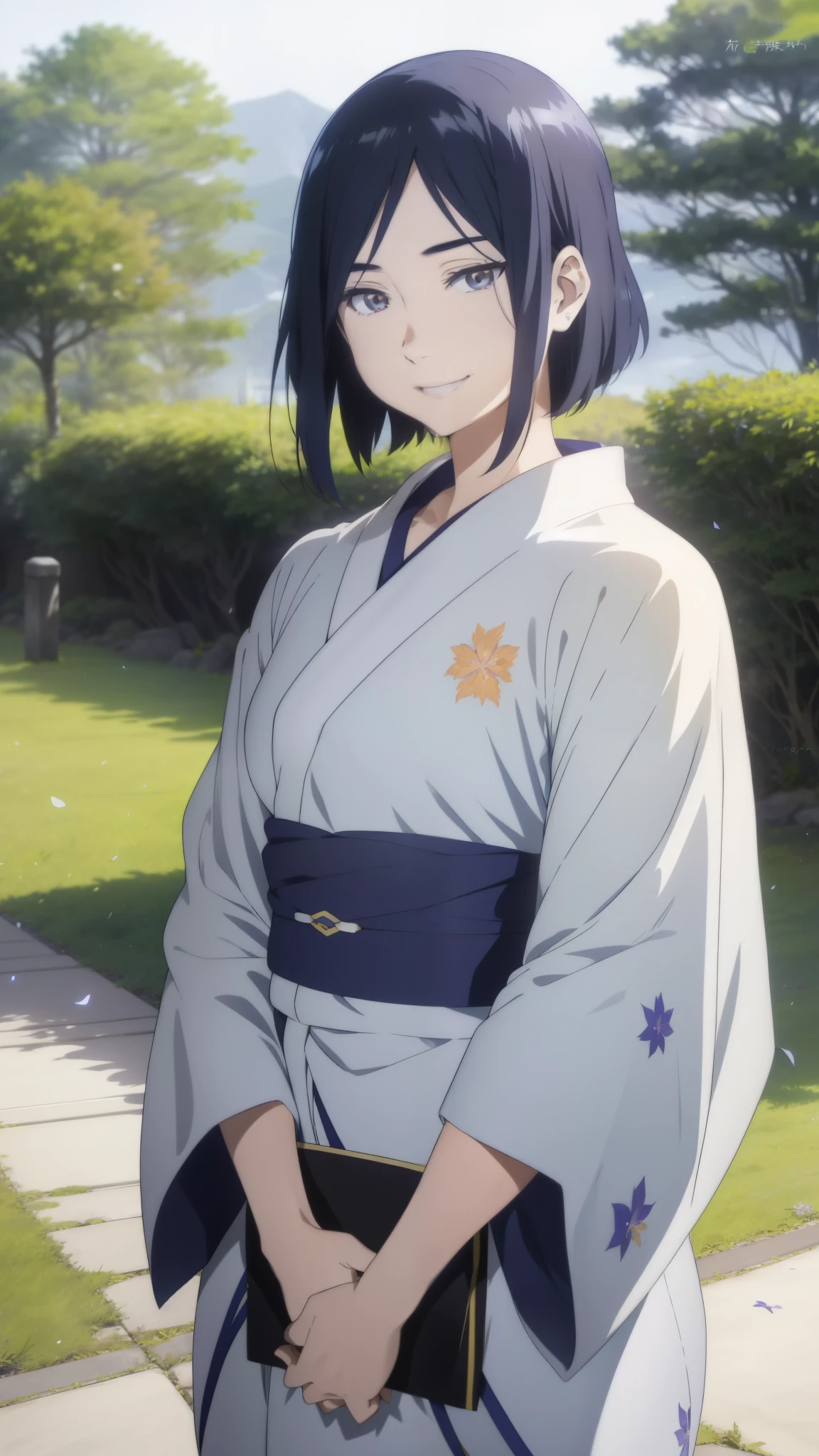 an hiperealistic shot of hinata(shippuden), ((izumi nase)), Detailed eyes, (sweet woman), manwha style,happy, smilling, upper body , (best quality,Super precise depiction), pair of shiny earnings, dress with kimono, ((smiling)), (((happy)), ((20 years old)), ((woman)), mature