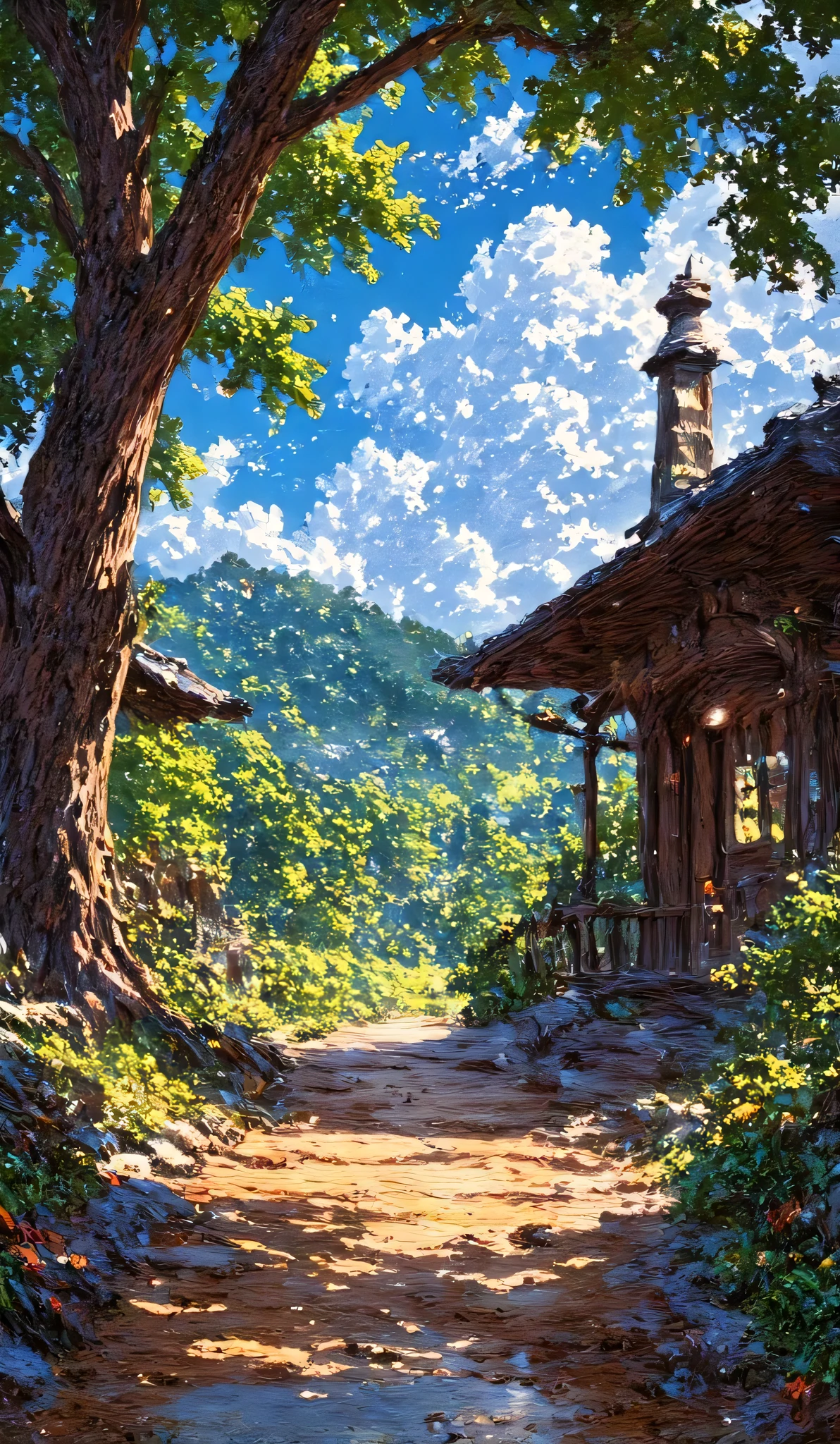 "A nighttime landscape with a large solitary oak tree on a hill, illuminated by the golden glow of a giant full moon in the starry sky. The grass around is green and covered with small yellow flowers, reflecting a soft shimmer. Mountains and valleys can be seen in the background, with small villages glowing in the distance. Soft, glowing clouds add a magical touch to the sky. The art style is detailed and vibrant, with warm and cool tones contrasting harmoniously."
, adventure, vibrant color grading, rear projection, extreme close-up