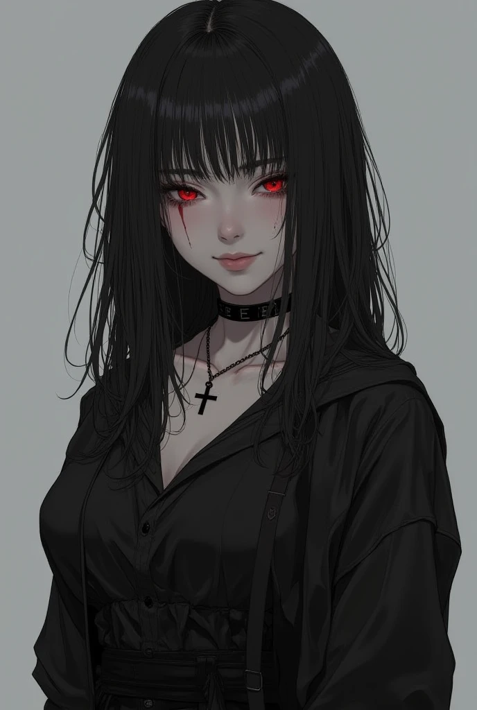 A woman with red eyes and a cross on her face.S1n0z1ck style