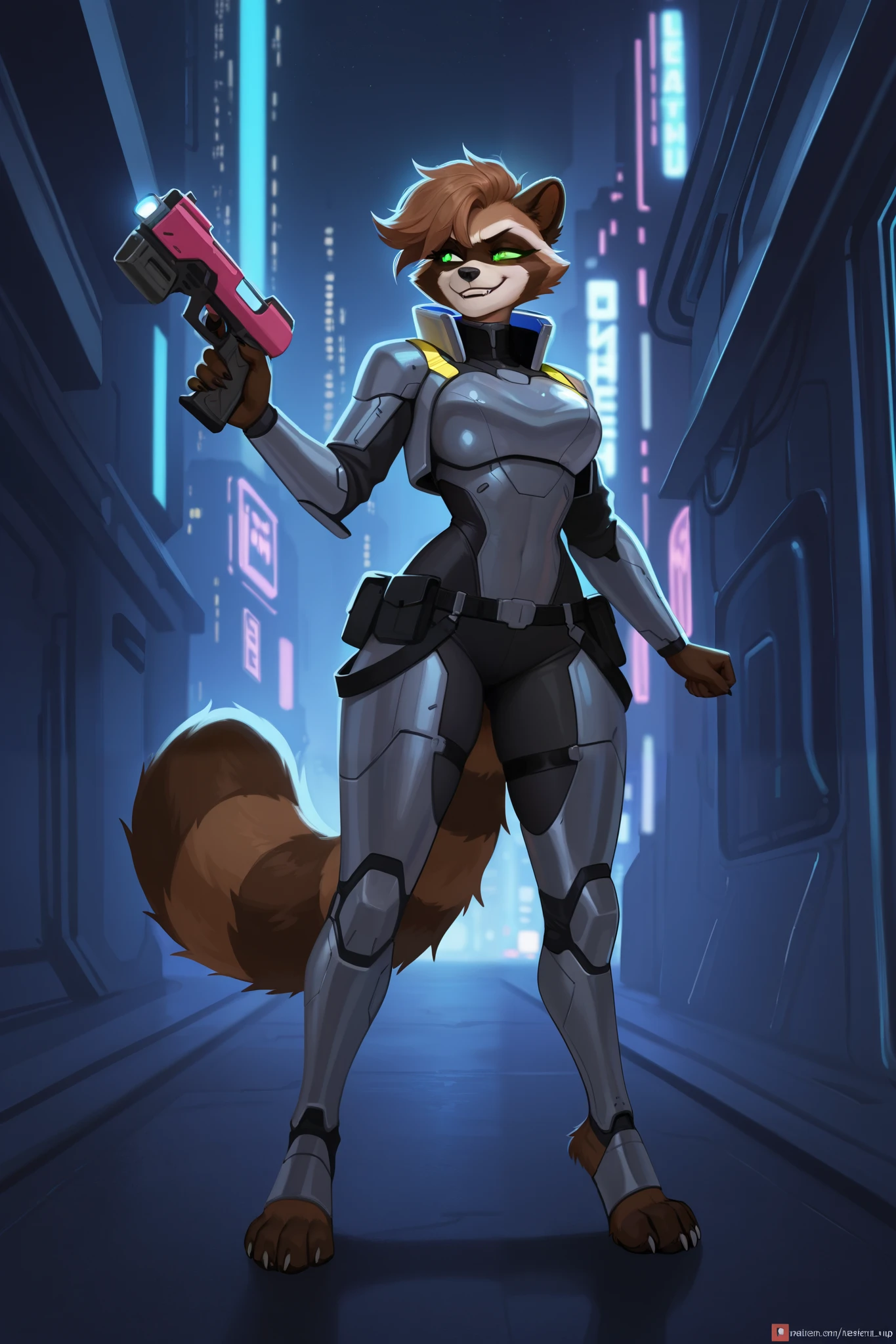 Create an image of a female raccoon character named Nixie Raccoon. She has a mischievous, adventurous personality, with sharp eyes and a smirk that suggests she's always up to something. Her fur is a mix of dark grey and black with lighter accents on her face, tail, and paws, similar to a typical raccoon. Nixie wears a futuristic, high-tech outfit with cyberpunk elements: sleek armor plates, glowing lights, and utility belts full of gadgets. She carries a small, sci-fi weapon like a plasma pistol, and her fur has a bit of an edgy, scrappy look, hinting at her resourcefulness. Her posture is confident and agile, ready for action. The background is a neon-lit cityscape or a futuristic setting, capturing her cosmic and rebellious spirit.