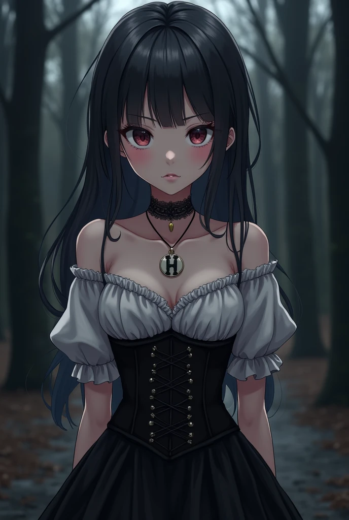 ((extremely detailed, black and white, 1 girl, goth, model, long hair, side braid, black hair, red eyes, horny, blush, horny face)), (black and red corset, neckline, black skirt, high boots), (forest, fog, dimly lit, night)