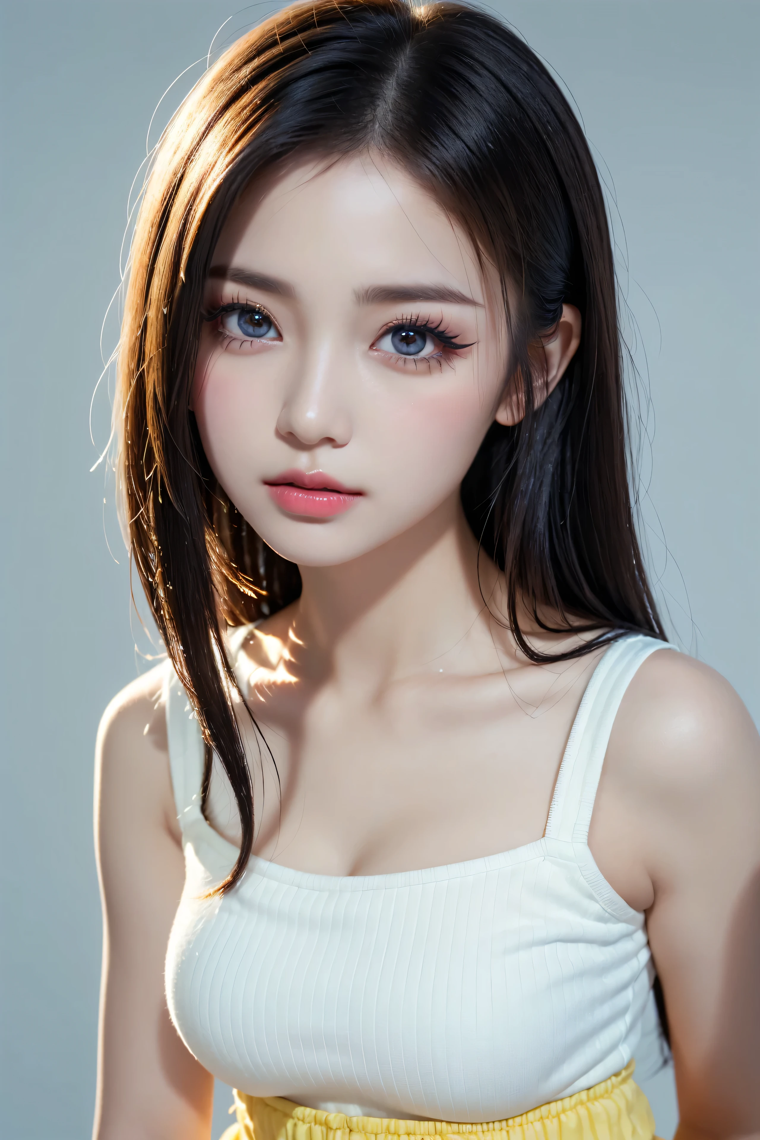 (((White 、black hair,forehead、White background、white t-shirt))), bright, Refreshing and gentle look, Perfect beautiful face、White ロングヘア,Beautiful and shiny hair, Very beautiful girl, eyeliner, So perfect and beautiful、Lovely large, clear, sky-blue eyes,large breasts,Random pose,