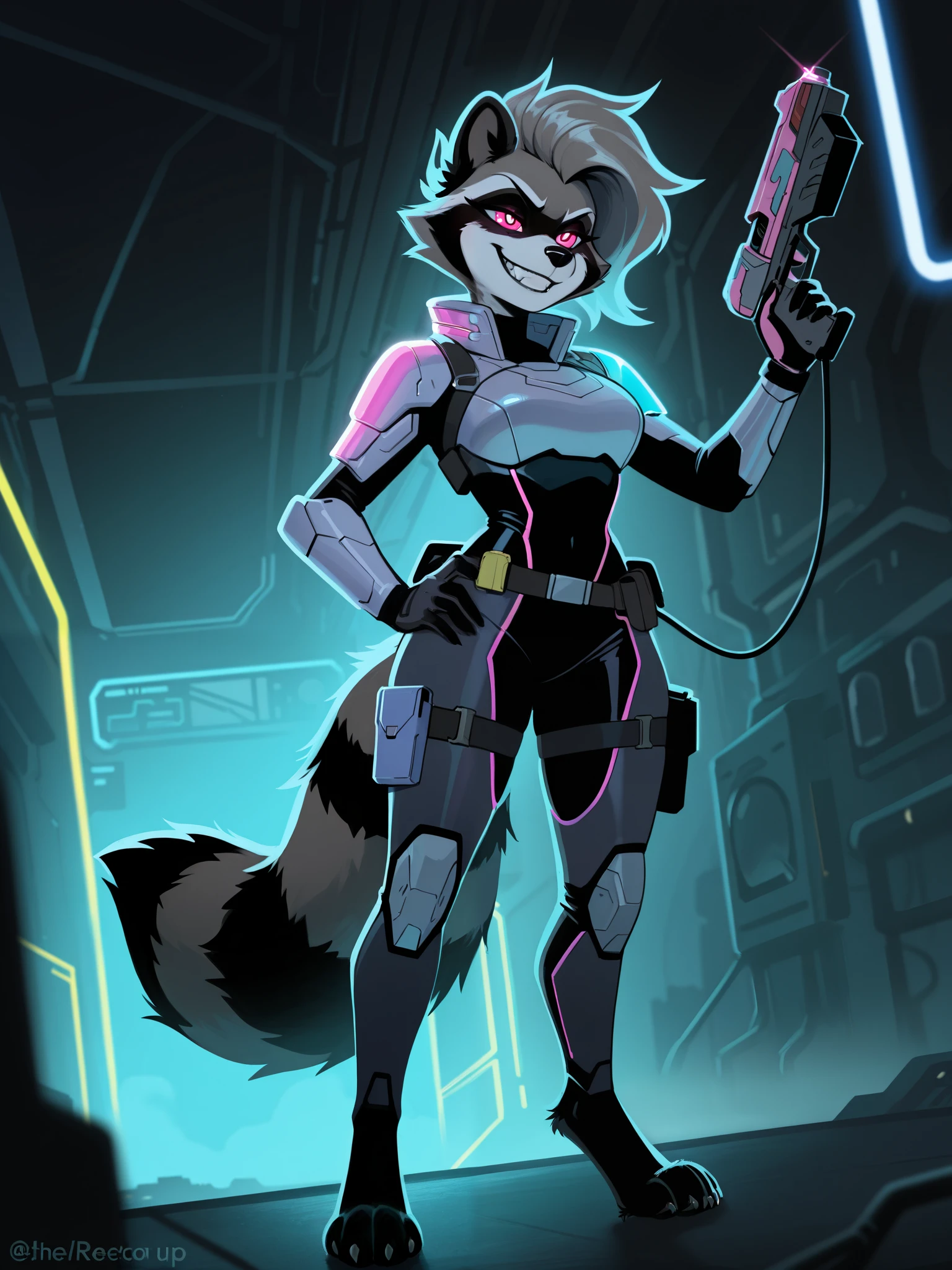 Create an image of a female raccoon character named Nixie Raccoon. She has a mischievous, adventurous personality, with sharp eyes and a smirk that suggests she's always up to something. Her fur is a mix of dark grey and black with lighter accents on her face, tail, and paws, similar to a typical raccoon. Nixie wears a futuristic, high-tech outfit with cyberpunk elements: sleek armor plates, glowing lights, and utility belts full of gadgets. She carries a small, sci-fi weapon like a plasma pistol, and her fur has a bit of an edgy, scrappy look, hinting at her resourcefulness. Her posture is confident and agile, ready for action. The background is a neon-lit cityscape or a futuristic setting, capturing her cosmic and rebellious spirit.