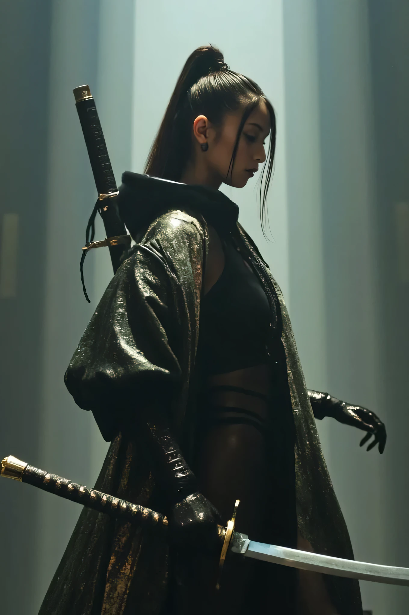 (((The dark interior of the Nostromo ship :2.0))),((( HR Gigger Style Cyberpunk Atmosphere :2.0))),((( Hold a cyberpunk-style Japanese sword :2.0))), standing,((whole body:2.0)), one woman,( cute face),(Beautiful well-balanced face ),(( natural big breasted :2.0)),( black hair:1.5),( beautiful eyes:1.3), Glamorous Shot of a 20-year-old Japanese Woman , Slender Beautiful Body ,( Model Body Type :1.3),(Slim body:1.3), perfect body line, Ideal Proportions ,(( big breasts:2.0)),((F cup breasts:1.5)),Big Breasts,Bare thighs, sensual thighs, delicate body,( Shrimp:1.7),A harmonious posture,((Realistic breast depiction :1.7)), carefully depicts perfect anatomical limbs,((Samurai armor style from the near future, Silver Super High Leg Leotard :2.0)),(( super high leg leotard made of fitted camy latex:2.0)),(( Samurai armor-style military coat with an open front over a leotard :2.0)),((Coat with iron decoration :2.0)),((Tactical Holster:1.5)),( gloves:1.3), Concept Art,( top quality:1.5),(masterpiece:1.5),(Super high resolution),resolution,UHD,( delicate depiction), carefully drawn with butterfly wings ,32K,(( realistic skin texture:1.5)),((( super realistic :1.5))),Draw eyelashes carefully, Highly Detailed Face ,Highly detailed female hand,Sexy appearance,Very sensual,(Blurry Dim Backgrounds :1.5), Professional Photoshoot,( Movie Lighting:2.0),(( Blade Runner Style Lights :2.0))