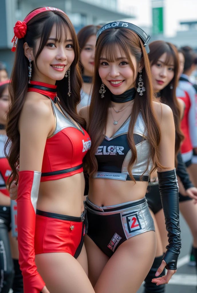 (thai women),(super highponytail hair),(forehead),(F1),(promotion girl costume:1.5),(huge breasts:1.5),(slim body:1.3),(smile),(race venue:1.5),(cowboy shot),(best quality, masterpiece)