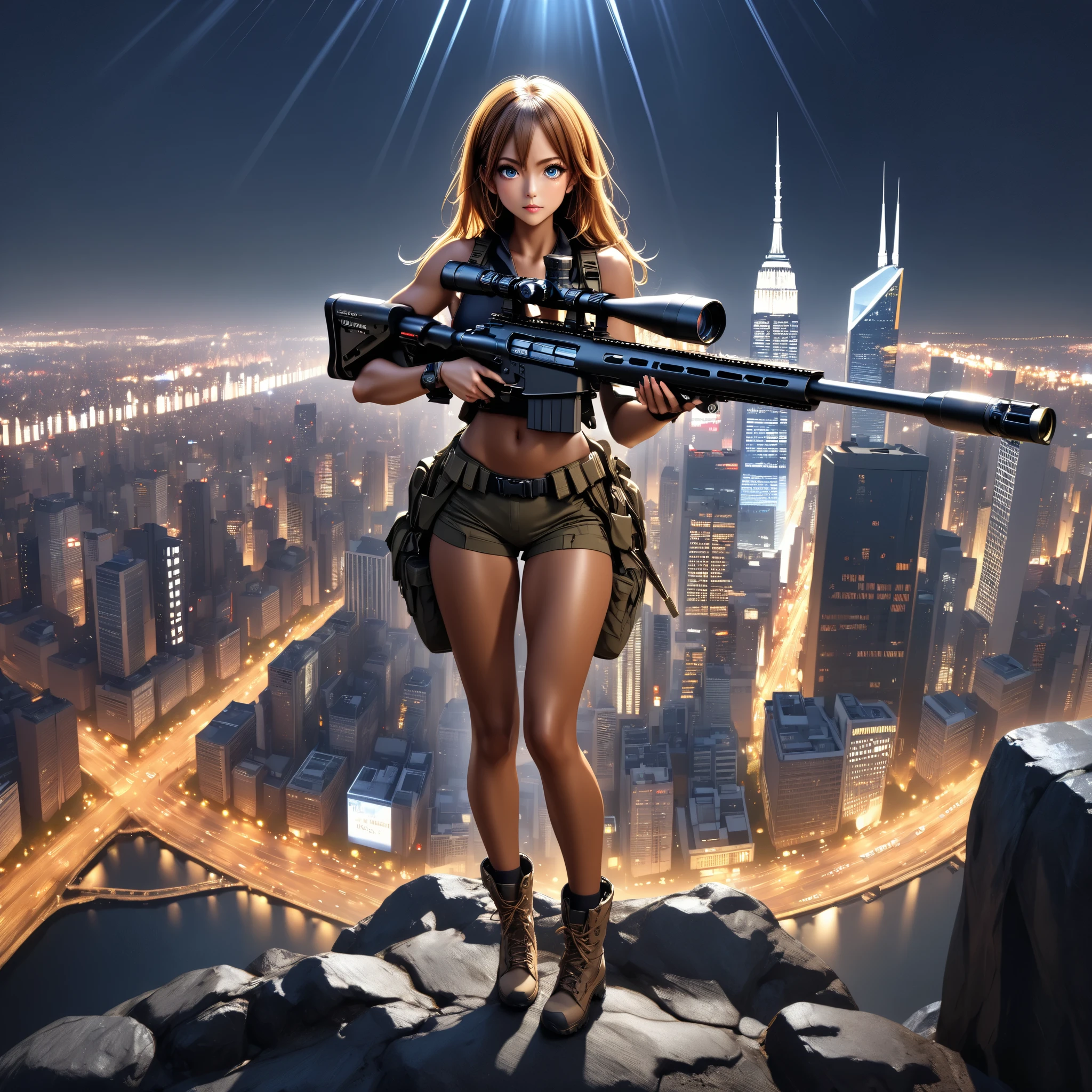1 girl, sniper ライフル、 sniper 、Master sniper 、 special forces 、 perfect eyes、 Brown skin , Anatomically accurate full body,Summit、 Big City Night View、 movie light effects,