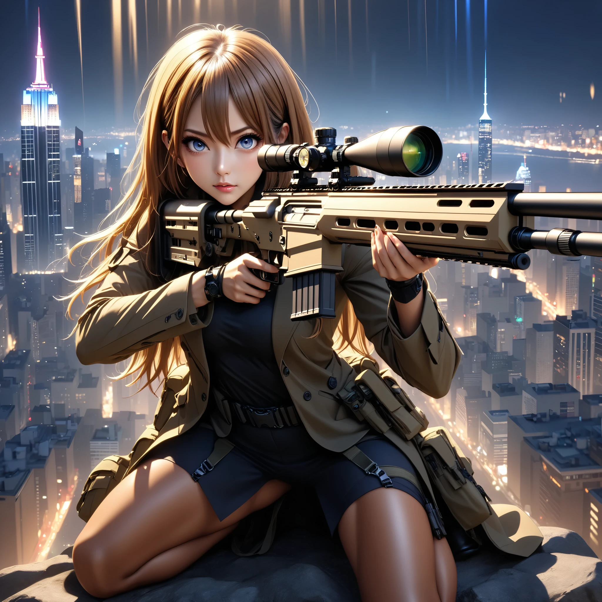 1 girl, sniper ライフル、 sniper 、Master sniper 、 special forces 、 perfect eyes、 Brown skin , Anatomically accurate full body,Summit、 Big City Night View、 movie light effects,