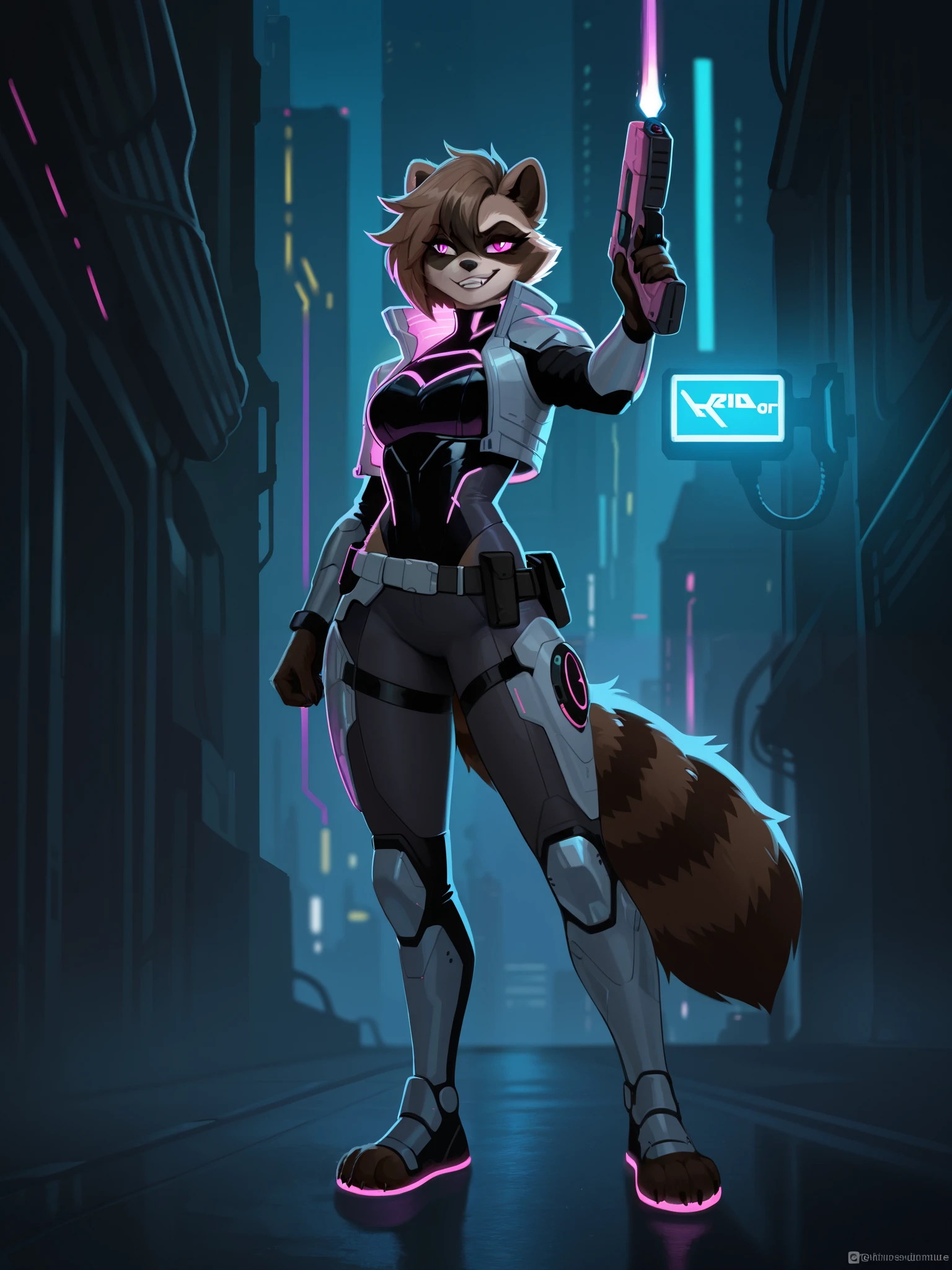 Create an image of a female raccoon character named Nixie Raccoon. She has a mischievous, adventurous personality, with sharp eyes and a smirk that suggests she's always up to something. Her fur is a mix of dark grey and black with lighter accents on her face, tail, and paws, similar to a typical raccoon. Nixie wears a futuristic, high-tech outfit with cyberpunk elements: sleek armor plates, glowing lights, and utility belts full of gadgets. She carries a small, sci-fi weapon like a plasma pistol, and her fur has a bit of an edgy, scrappy look, hinting at her resourcefulness. Her posture is confident and agile, ready for action. The background is a neon-lit cityscape or a futuristic setting, capturing her cosmic and rebellious spirit.