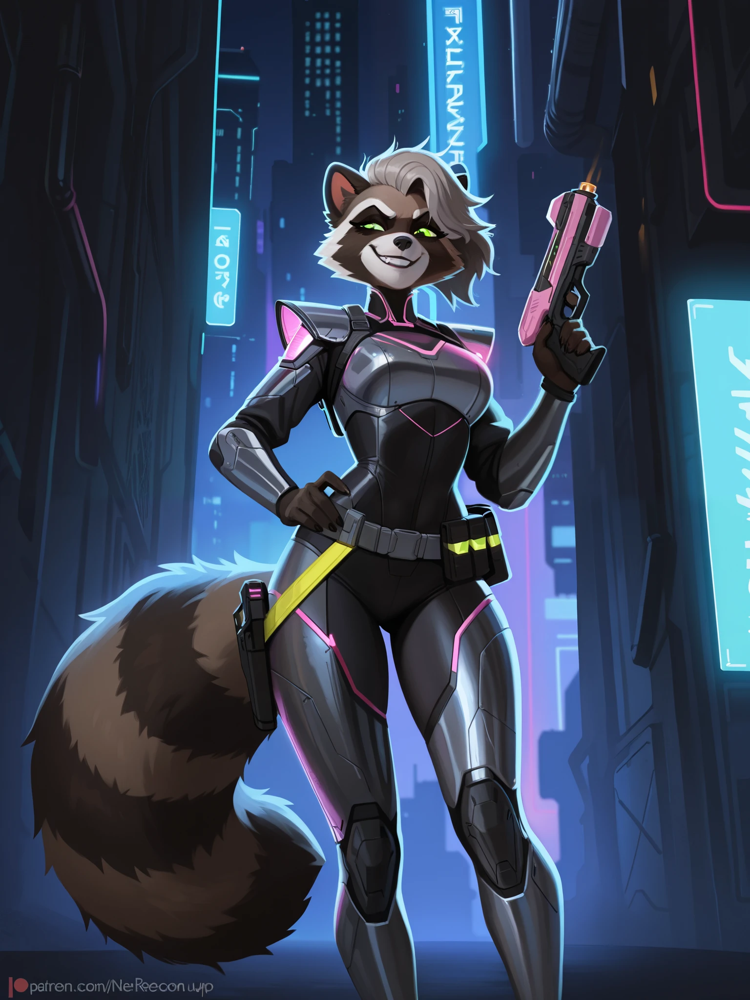 Create an image of a female raccoon character named Nixie Raccoon. She has a mischievous, adventurous personality, with sharp eyes and a smirk that suggests she's always up to something. Her fur is a mix of dark grey and black with lighter accents on her face, tail, and paws, similar to a typical raccoon. Nixie wears a futuristic, high-tech outfit with cyberpunk elements: sleek armor plates, glowing lights, and utility belts full of gadgets. She carries a small, sci-fi weapon like a plasma pistol, and her fur has a bit of an edgy, scrappy look, hinting at her resourcefulness. Her posture is confident and agile, ready for action. The background is a neon-lit cityscape or a futuristic setting, capturing her cosmic and rebellious spirit.