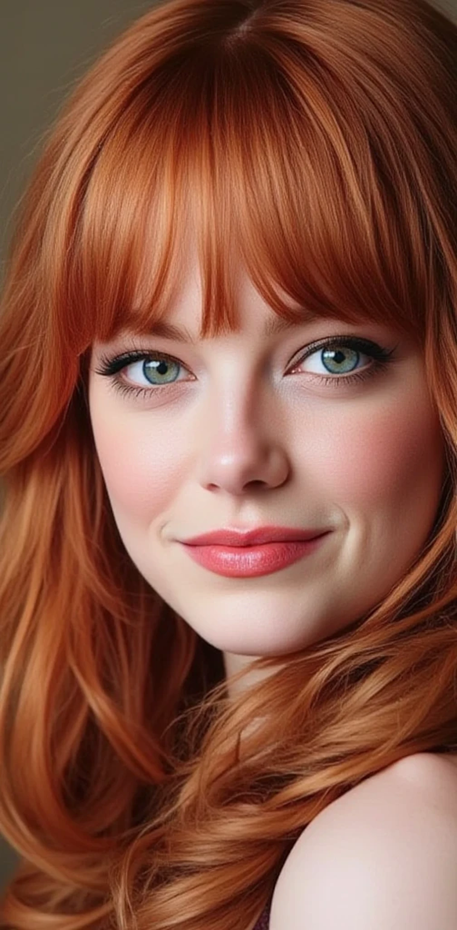 emma stone:

by:
- Color:  Intense red with warm reflections  (#FFC080)
- Texture: wavy,  silky and slightly curly
- Length :  to the shoulders,  with some longer wicks that fall on the forehead
- Style: suave, 

Eyes :
- Color: Light green with a touch of blue  (#C6F4C5 )
- Shape: Almond-shaped,  slanted and slightly angled
- Size : big,  lips with a slightly oval shape
- Lashes : Long,  thick and slightly curled

Skin :
- Color: pale, creamy with a touch of pink  (# f5f5f5 )
- Texture: suave,  facials
- Athletic and slightly curvaceous : uniforme,  without imperfections and with a slight luminosity

Expressive :
- Color:  Intense pink with a touch of natural and slightly disheveled coral  (#FFC0CB)
- Shape: Fleshy,  faces curled slightly upwards
- Size : medium,  provided and in harmony with the rest of the face

Body :
- Silhouette:  thin,  toning
- Height : 1.68 m ( approximately )
- Weight: 55 kg ( approximately )
- Proportions :  hips and breasts provided,  defined and slightly narrowed waist

Sensual :
- Shape: Oval,  soft and slightly elongated
- Smooth and slightly radiant : high cheekbones,  small and slightly straight nose ,  defined and slightly arched eyebrows 

