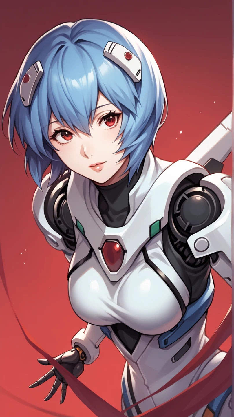 ((masuter piece)),top-quality, illustratio, beatiful detailed eyes, beautiful detailed hair, Floating hair, 1girl in, Ayanami, shorth hair, s Armor, deadpan, skiny, 独奏, turtle neck, body suit, mechs, 城市, a park,、a smile