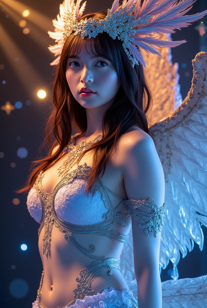 (highres:1.2,ultra-detailed,realistic:1.37),adore face, beautiful angel,proportional wings,hovering in the sky,bathed in heavenly light,flying on a cloud, holding harp, intense gaze,divine glory,glowing aura,feathers glistening in the sunlight,radiating a sense of power and grace,angelic cute and charm,(ample bosom, exposed cleavage),towering figure with an aura of grandeur, sun-tanned light,lace fabric,serene and confident countenance,bathed in sparkling celestial radiance,dynamic color.