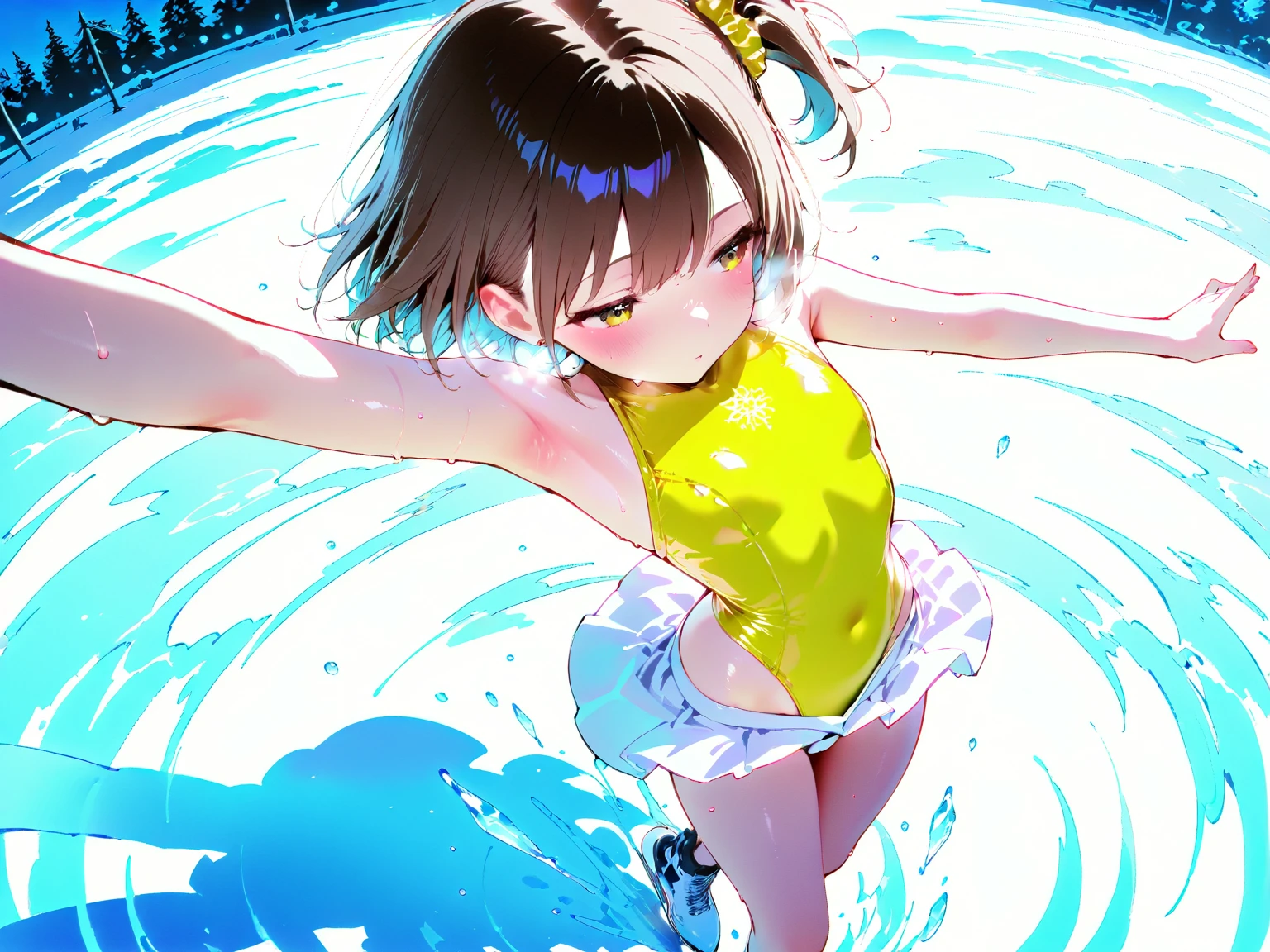 (Super flat, flat shading, flat color: 1.1), (magazine cover), illustration, (Asian boyish girl), (cute: 1.2), very beautiful 14 year old manga girl, great smile, cheeks Turns red, (Detailed skin: 1.2), Photorealistic anime girl rendering, Realistic anime 3D style, Cute bob cut, Beautiful brown hair, Intense black eyes, Strong eye highlights, ( Detailed, mid-chest), perfect anatomy, messy hair, old-fashioned sportswear, ((sweat-transparent sportswear)), white tight sleeveless shirt, dark blue short tight shorts, ((water) wet)), precise weapon, five fingers, precise legs, on the bench, getting up, from below, ((from the front)), showing off shorts, sportswear with a small area, angle from the feet, Angle from below, ((angle looking up from below, showing crotch)), volumetric lighting, soft light, bright, neon, bright colors, watercolor,