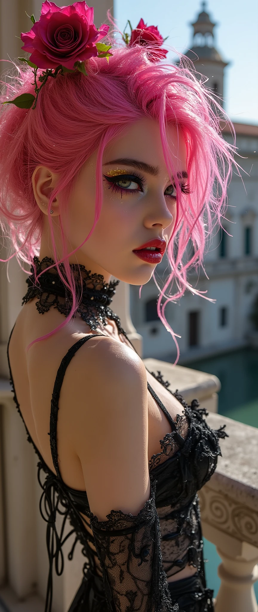 Realistic,(photorealistic Realism),((high resolution)),((intricately detailed digital art)),(best quality),(realistic texture details: perfect skin, smooth skin),(professional photography)、((a beautiful slim skinny  girl )), (close-up eyes:1.25),((sharp focus absurd quality, Realistic bright green_eyes:1.8), Wear an off-the-shoulder top, full bodyesbian,(dark shot),(((Intricately detailed (PVC laced:1.2), modest BDSM costume, revealing see-thru PVC costume:1.4))), ( short hair, bright pink hair, curls at the ends of the hair, hair above one eye,(short combed to the side)), (Black Long Boots) she is tanding on a terrace to a luxurios Italien villas, Old luxurios villa with a beautful oasen view, (Pink rose flowers in here hair)，(Shining, mesmerizing, Vibrant eyes:1.1), (perfect dark_eyeshadows:1.4), detailed lips:1.3, (apply glossy red_lipstick:1.3), (pink_makeup:1.28), ((glittery pink to gold makeup, (perfect proportions:1.2),(small head),(anatomically correct), perfect female body, firm and full breasts, (Super beautiful), (vivid and colorful), The attention to detail, focus of girl, dynamic pose, sexy and seductive, flirty smile, dslr, high quality split lighting, sharp focus captured by Fujifilm XT3, f 5.6, in a dramatic lighting, (perfect composition),