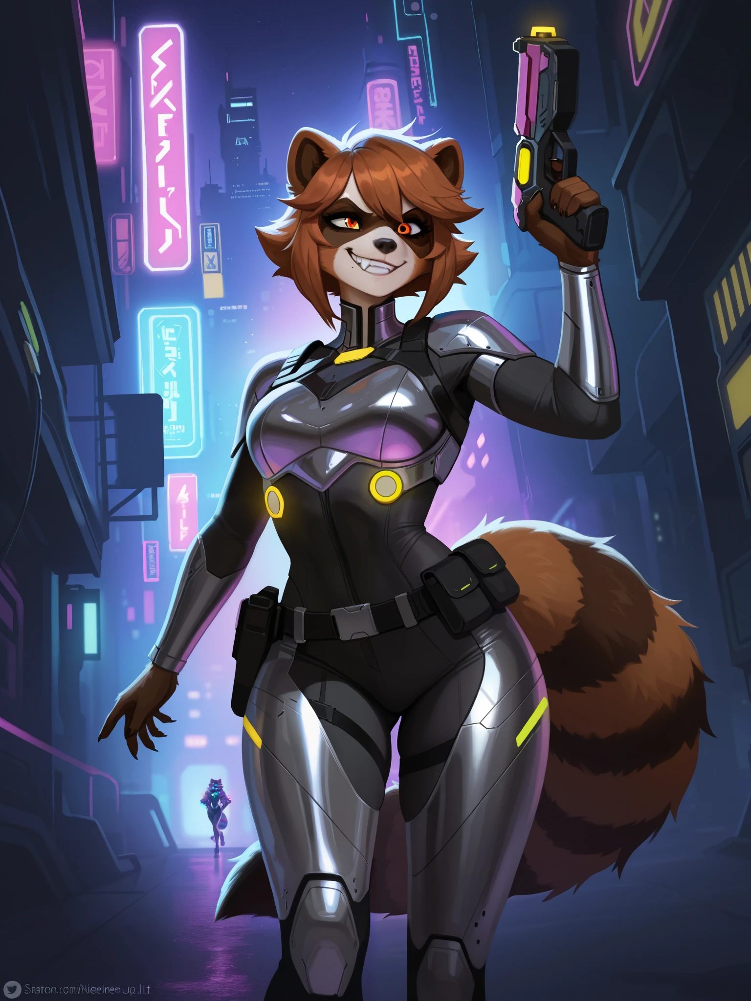 Create an image of a female raccoon character named Nixie Raccoon. She has a mischievous, adventurous personality, with sharp eyes and a smirk that suggests she's always up to something. Her fur is a mix of dark grey and black with lighter accents on her face, tail, and paws, similar to a typical raccoon. Nixie wears a futuristic, high-tech outfit with cyberpunk elements: sleek armor plates, glowing lights, and utility belts full of gadgets. She carries a small, sci-fi weapon like a plasma pistol, and her fur has a bit of an edgy, scrappy look, hinting at her resourcefulness. Her posture is confident and agile, ready for action. The background is a neon-lit cityscape or a futuristic setting, capturing her cosmic and rebellious spirit.